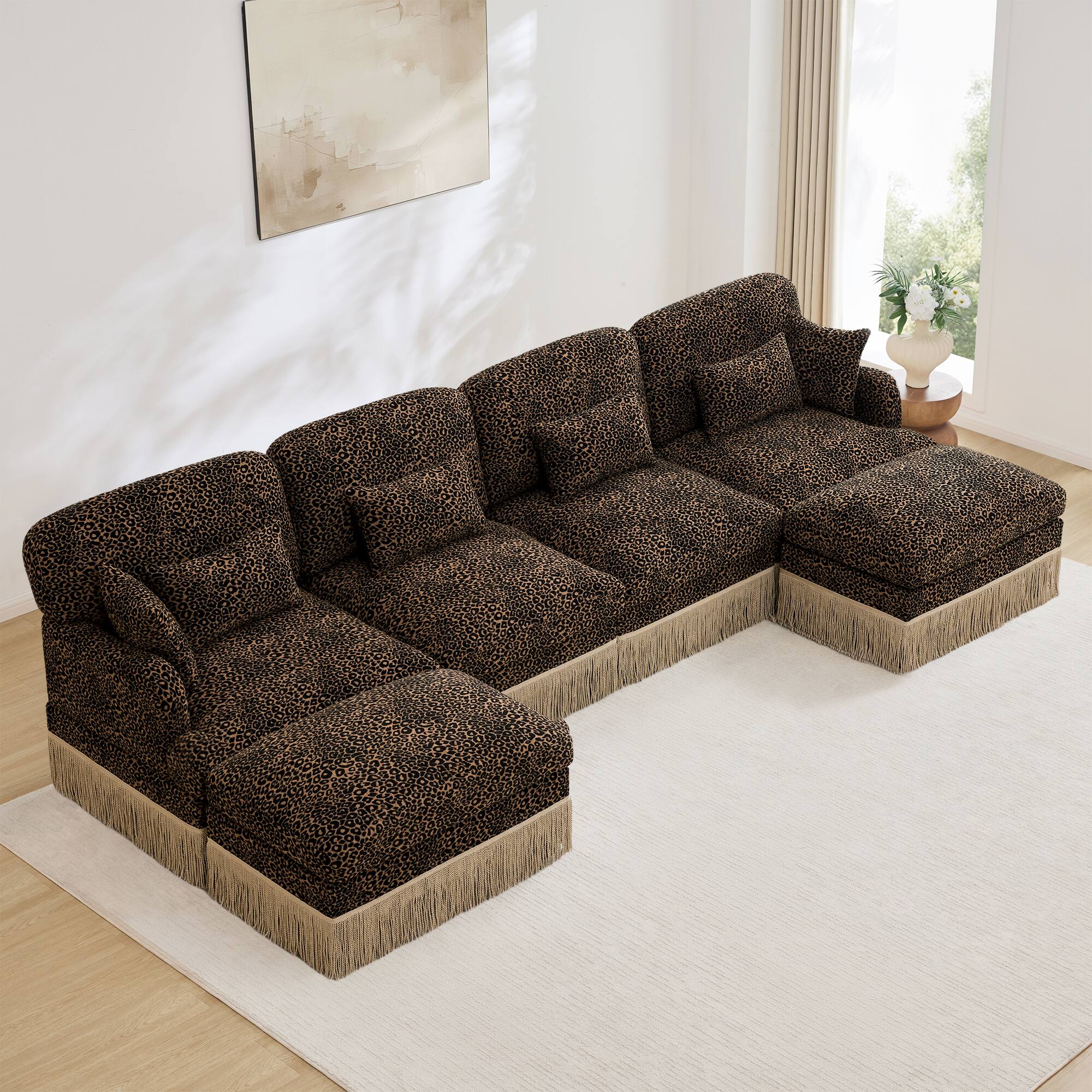 Angle. Anysun - 131" Modern Chenille Leopard U-Shaped Sofa - Tassel Edge, Movable Ottomans, Ergonomic, Easy Assembly, Deep Seat - Brown.