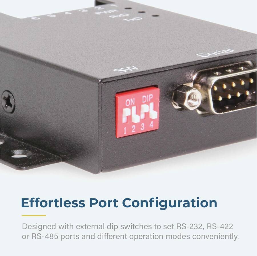 G 5 4 PVR Rx0 1x0 SWV Serial ON DIP PLPL 4 1234 2 3 1

Effortless Port Configuration  
Designed with external dip switches to set RS-232, RS-422 or RS-485 ports and different operation modes conveniently.