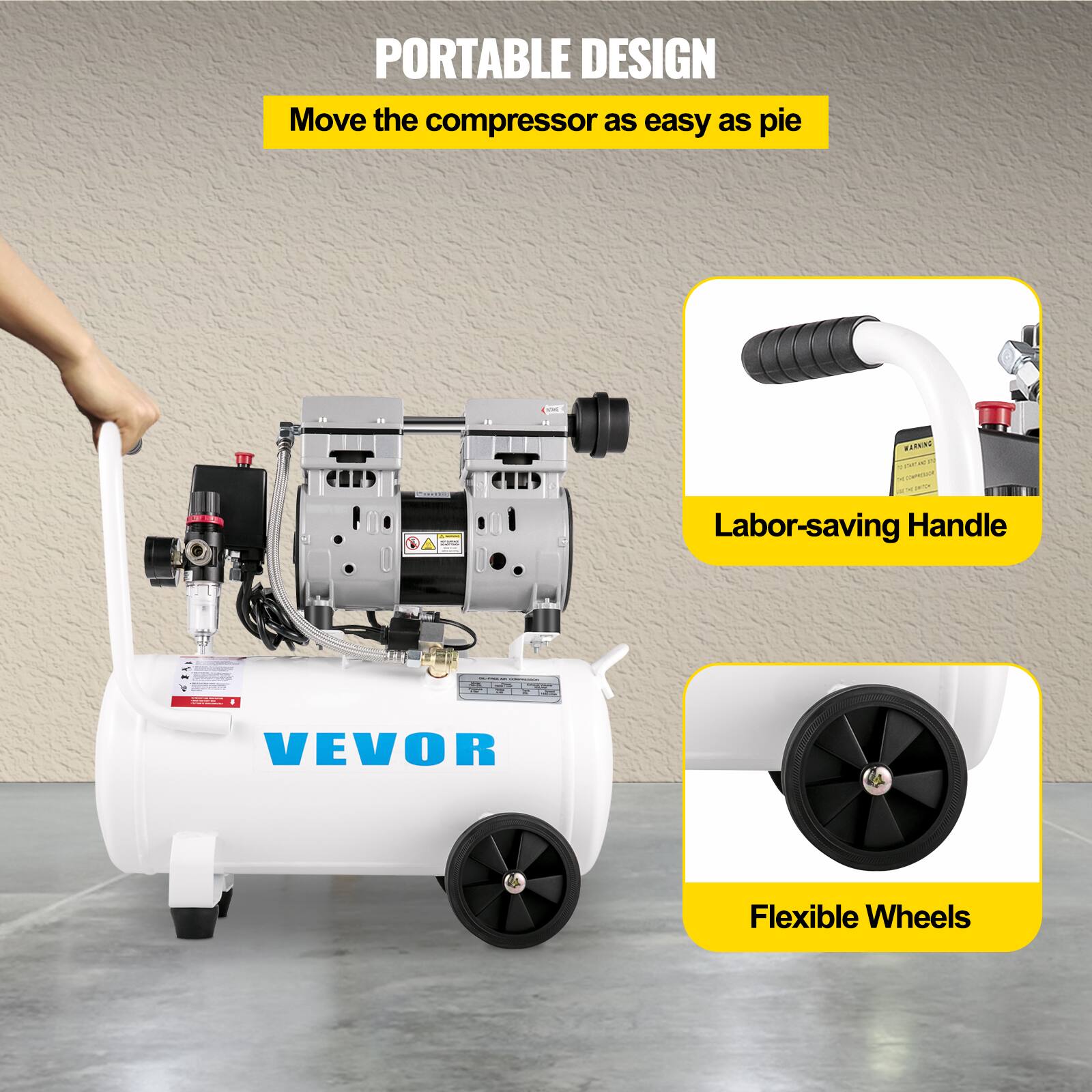 PORTABLE DESIGN  
Move the compressor as easy as pie

CHC  
Come

WARNING  
OKANG COMPASSION Y They

Labor-saving Handle

VEVOR  
Flexible Wheels
