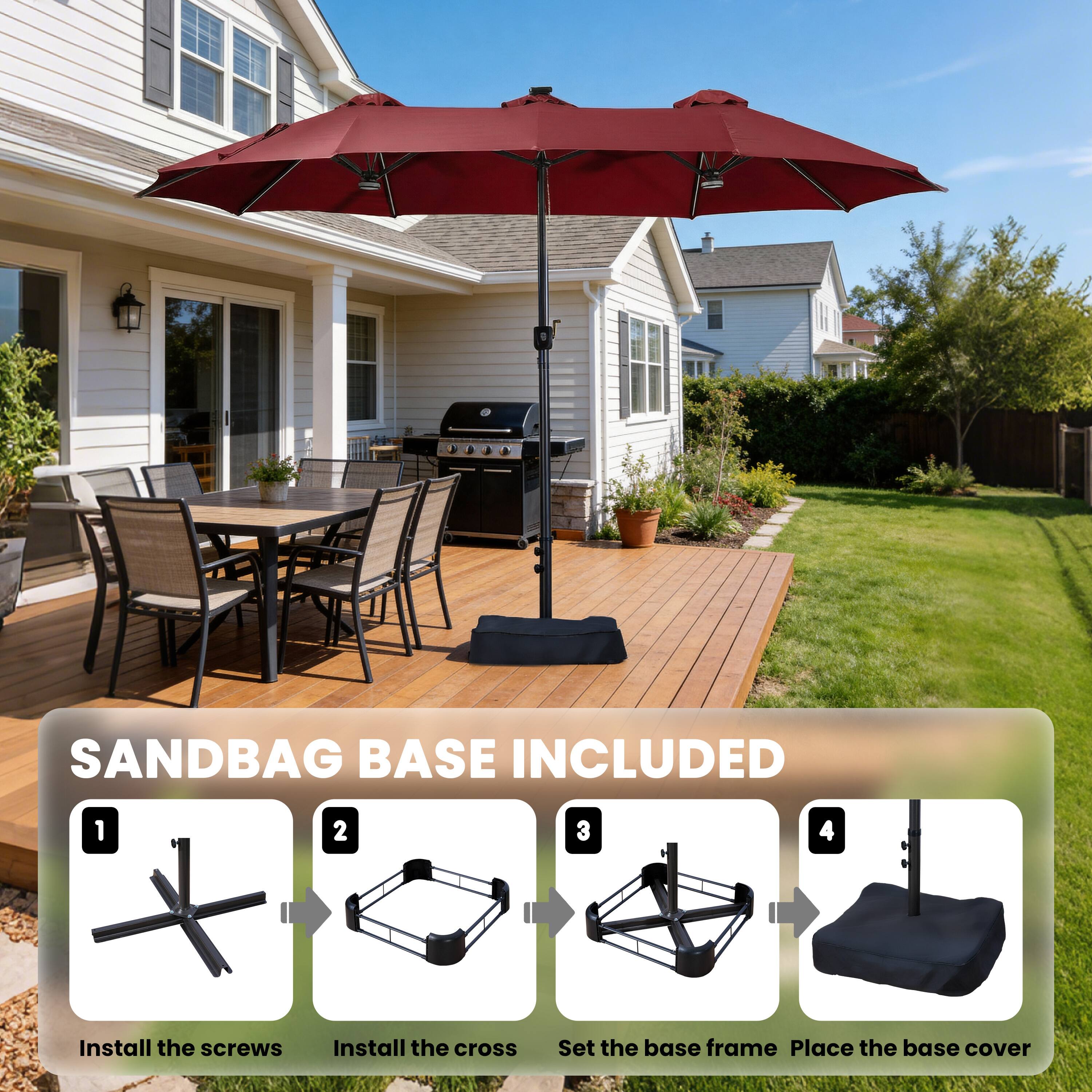 SANDBAG BASE INCLUDED

1. Install the screws
2. Install the cross
3. Set the base frame
4. Place the base cover