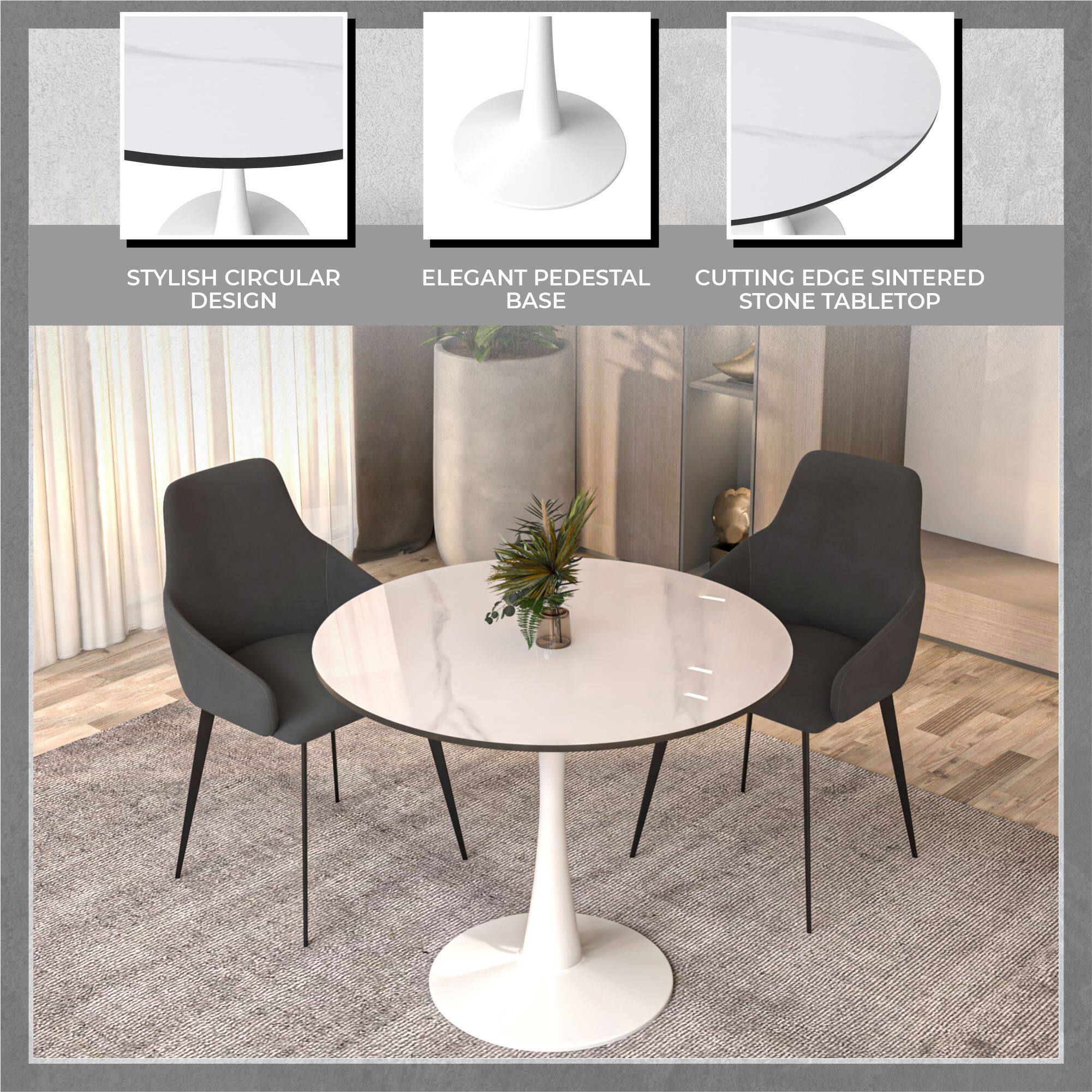 STYLISH CIRCULAR DESIGN  
ELEGANT PEDESTAL  
CUTTING EDGE SINTERED STONE TABLETOP