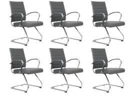 LeisureMod - Set of 6 Benmar Modern Leather Upholstered Office Computer Chair with Chrome Frame and Sled Base for Home or Office - Gray