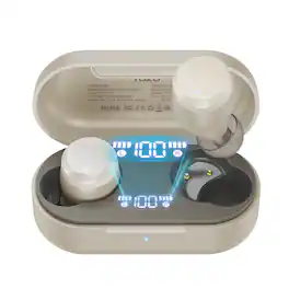TOZO - T12 LED Display Bluetooth 5.3 Ear Buds, 55H Play, ENC Clear Call, IPX8, APP-32EQ, Stereo Powerful Bass, Wireless Charge - Champagne