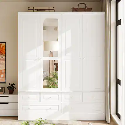 Front. FUFU & GAGA - Luxury Large Wardrobe Closet for Bedroom, Modern Home Storage Cabinet with Hanging Rods, Drawers & Shelves - White.