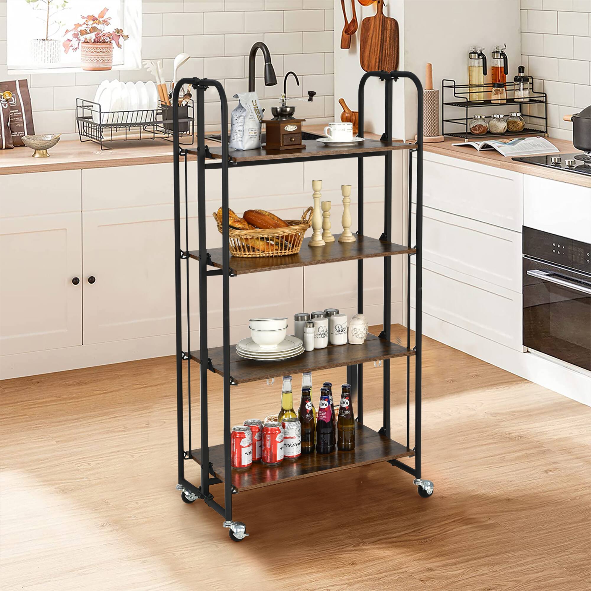 Alt View 4. Costway - Costway 4-Tier Folding Rolling Cart Portable Storage Shelves w/Wheels No Assembly Rack - Rustic Brown.