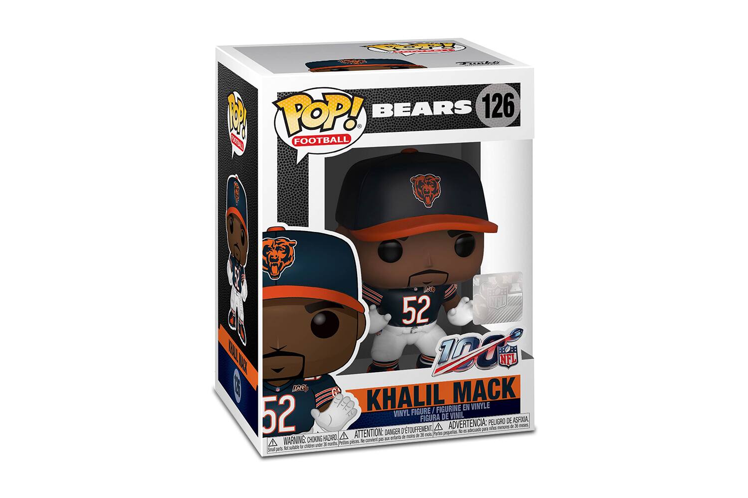 **Front:**
- POP! BEARS 126
- FOOTBALL
- KHAIL MACK
- 52
- VINYL FIGURE / FIGURINE DE VINYLE / FIGURA DE VINIL
- WARNING: CHOKING HAZARD - Small parts. Not for children under 3 years. / ATTENTION: DANGER - PELIGRO - ADVERTENCIA: PEQUEÑAS PIEZAS. NO ES APTO PARA MENORES DE 3 AÑOS.

**Side:**
- POP! BEARS 126
- FOOTBALL
- KHAIL MACK
- 52
- VINYL FIGURE / FIGURINE DE VINYLE / FIGURA DE VINIL
- WARNING: CHOKING HAZARD - Small parts. Not for children under 3 years. / ATTENTION: DANGER - PELIGRO - ADVERTENCIA: PEQUEÑAS PIEZAS. NO ES APTO PARA MENORES DE 3 AÑOS.

**Back:**
- POP! BEARS 126
- FOOTBALL
- KHAIL MACK
- 52
- VINYL FIGURE / FIG