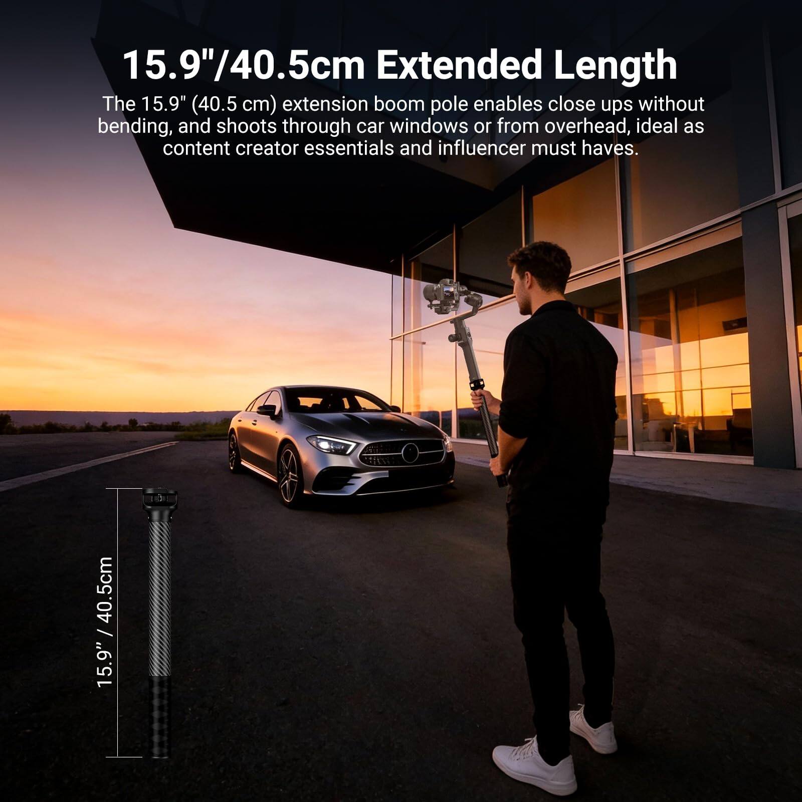 15.9"/40.5cm Extended Length

The 15.9" (40.5 cm) extension boom pole enables close-ups without bending, and shoots through car windows or from overhead, ideal as content creator essentials and influencer must-haves.