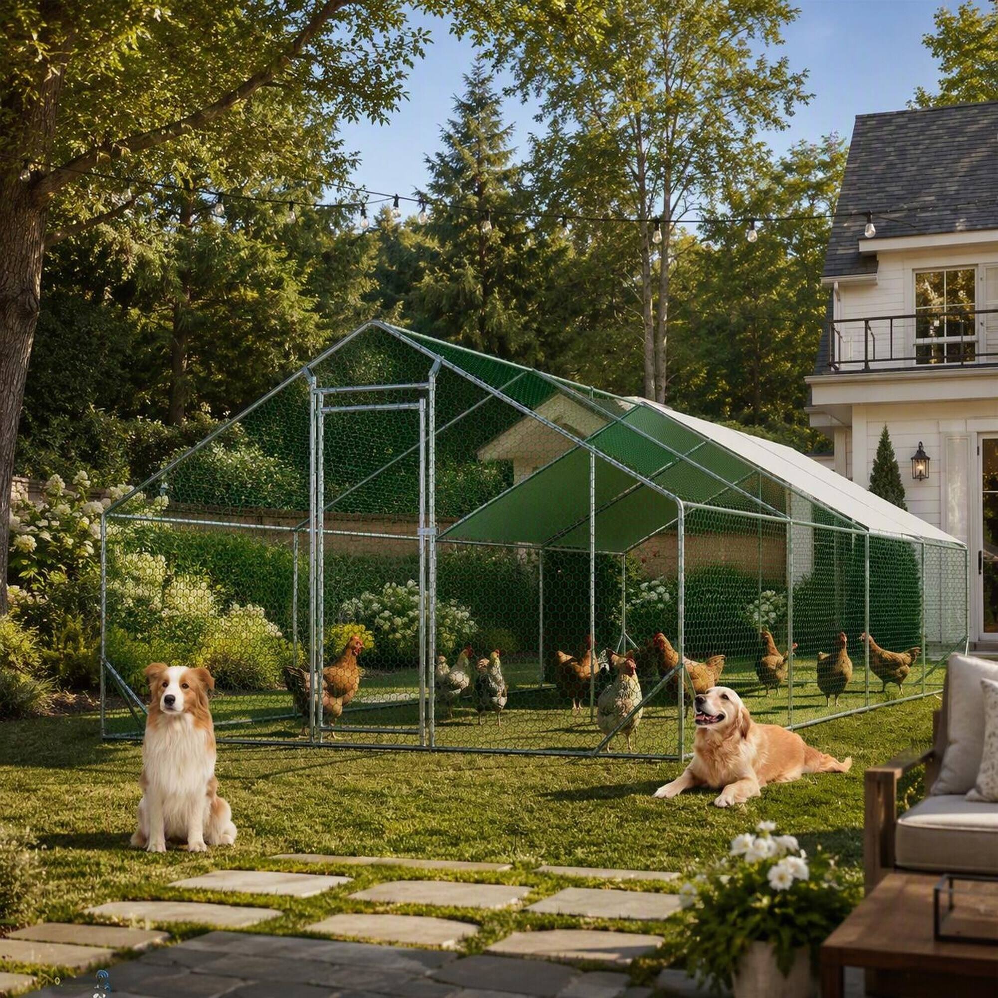 Left. RYHNUYNE - Large Metal Chicken Coop, Walk-in Chicken Run with Waterproof Cover, Galvanized Wire Poultry Cage for Ducks & Rabbits.