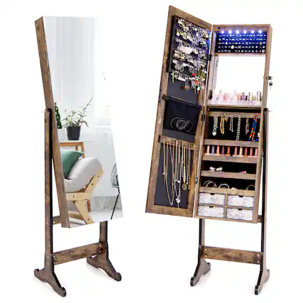 Front. Costway - Costway Jewelry Cabinet Armoire Full Length Frameless Mirror Lockable with Lights - Rustic Brown.