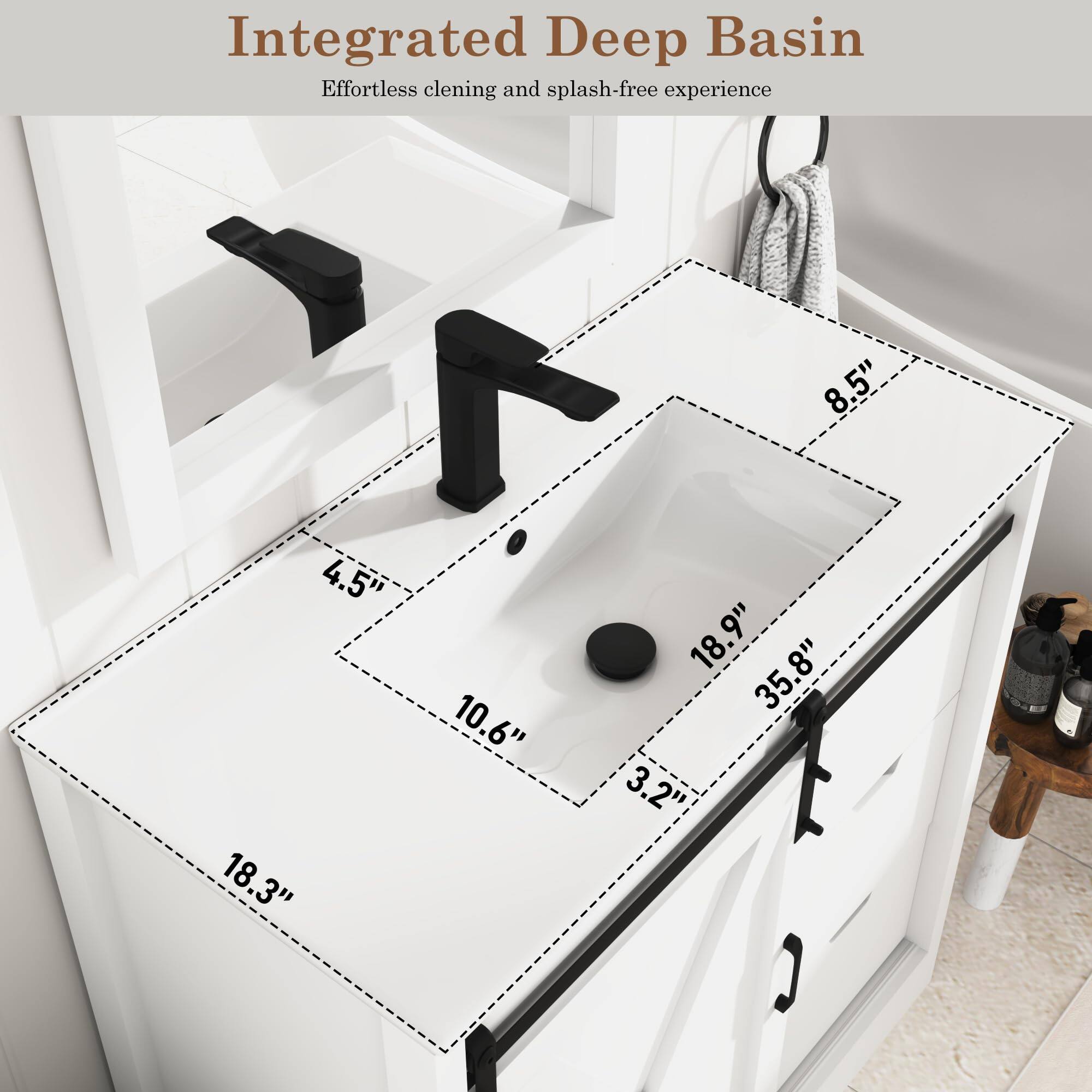Integrated Deep Basin  
Effortless cleaning and splash-free experience  

8.5"  
4.5"  
18.3"  
10.6"  
18.9"  
.8"  
35.8"  
3.2'