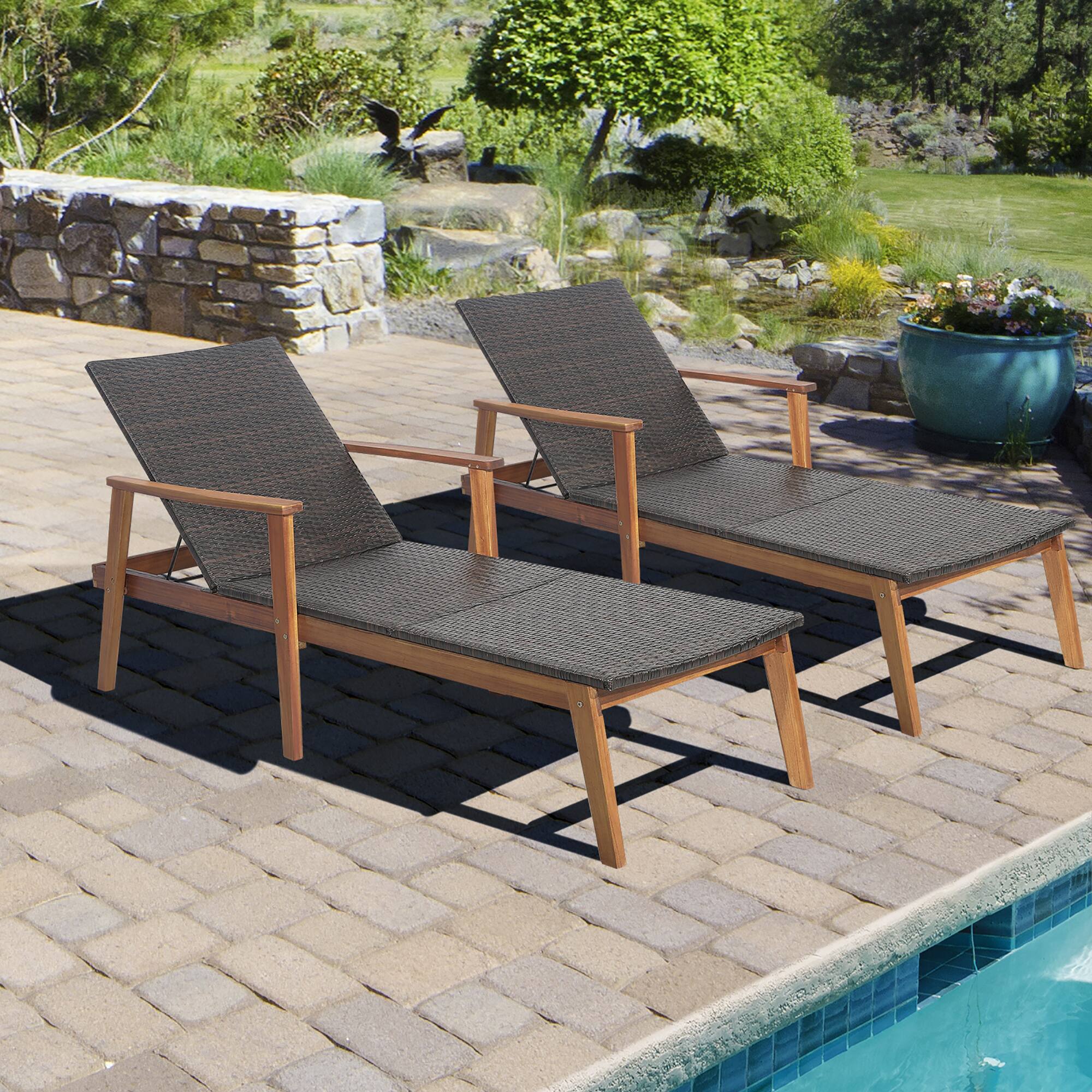 Alt View 1. Costway - Costway 2PCS Patio Rattan Chaise Lounge Chair Recliner Back Adjustable Acacia Wood - Mix Brown.