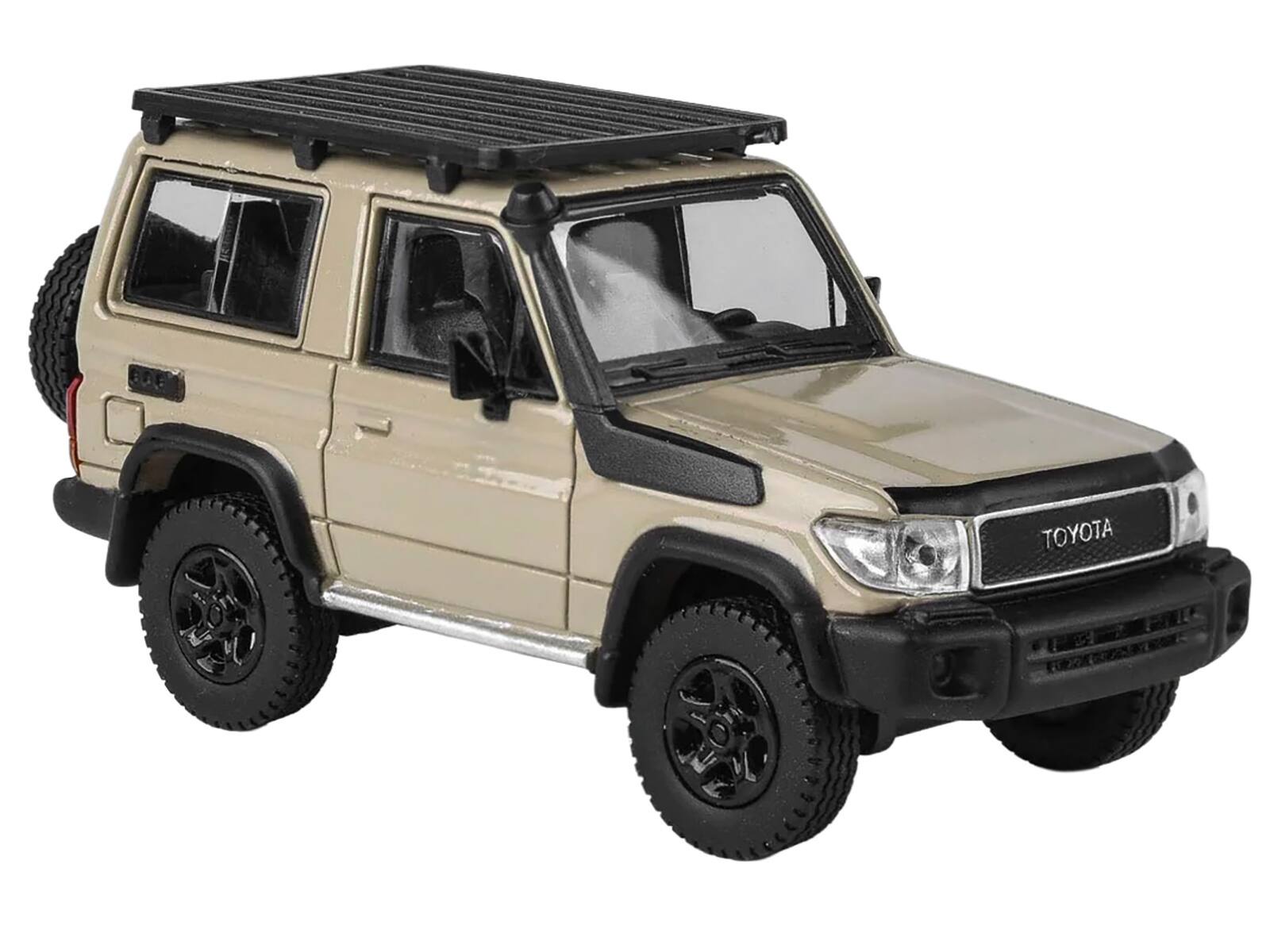 Angle. Paragon - 2023 Toyota Land Cruiser 71 Sandy Taupe "70th Anniversary" with Roofrack 1/64 Diecast Model Car by Paragon - Black, Brown.