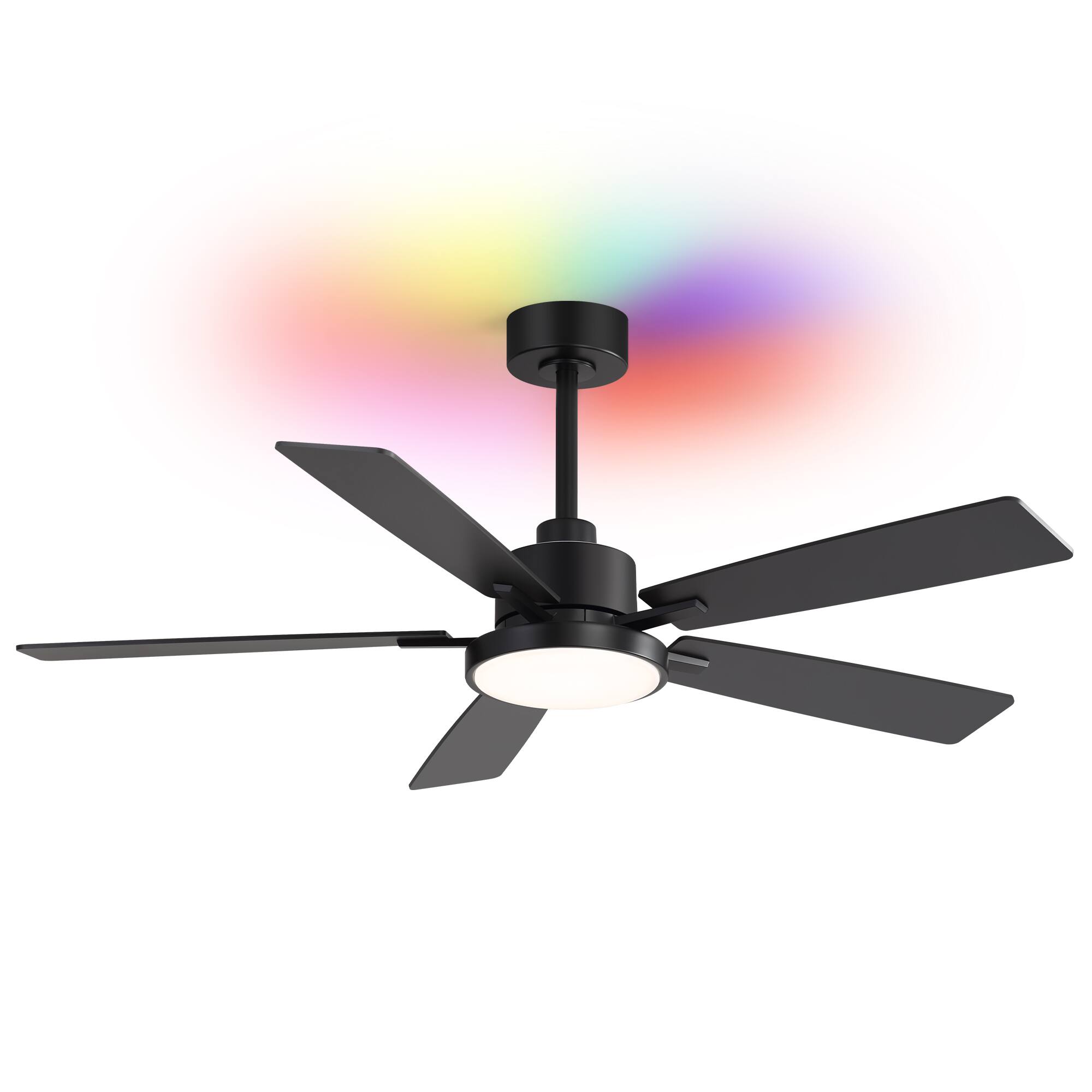 Angle. Breezary - 52 Inch Smart Bluetooth RGB Backlight Ceiling Fans with Lights and Remote, 6 Speeds, 5 Plywood Blades, 5" & 10" Downrods - black.