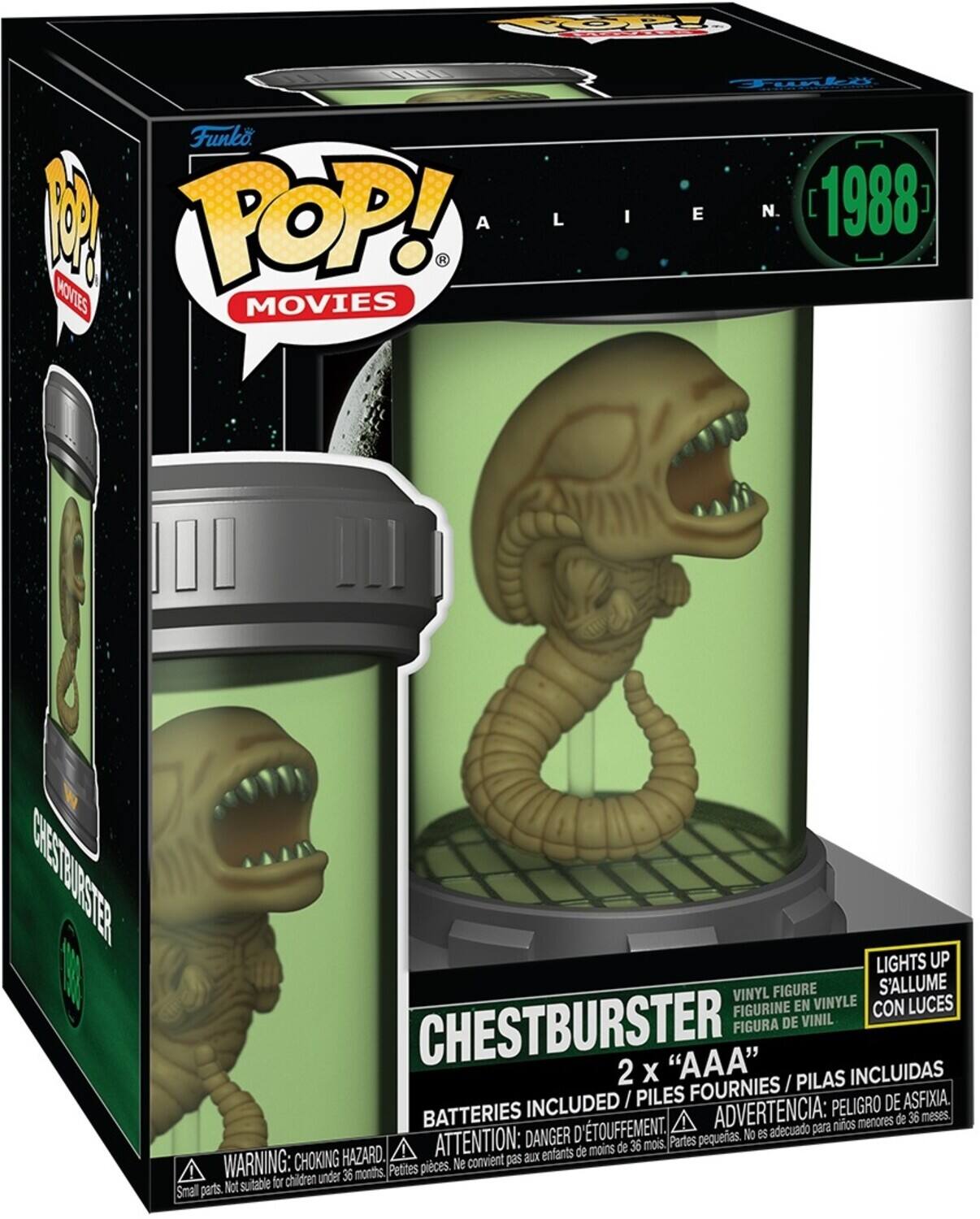 Funko POP! MOVIES  
ALIEN [1988]  
CHESTBURSTER  

VINYL FIGURE  
FIGURINE EN VINYLE  
FIGURA DE VINIL  

LIGHTS UP  
S'ALLUME  
CON LUCES  

2 x "AAA" BATTERIES INCLUDED / PILAS FOURNIES / PILAS INCLUIDAS  

WARNING: CHOKING HAZARD  
ATTENTION: DANGER D'ÉTOUFFEMENT  
ADVERTENCIA: PELIGRO DE ASFIXIA  
Pequeñas piezas. No es adecuado para niños menores de 36 meses.  
Petites pièces. Ne convient pas aux enfants de moins de 36 mois.  
Small parts. Not suitable for children under 36 months.