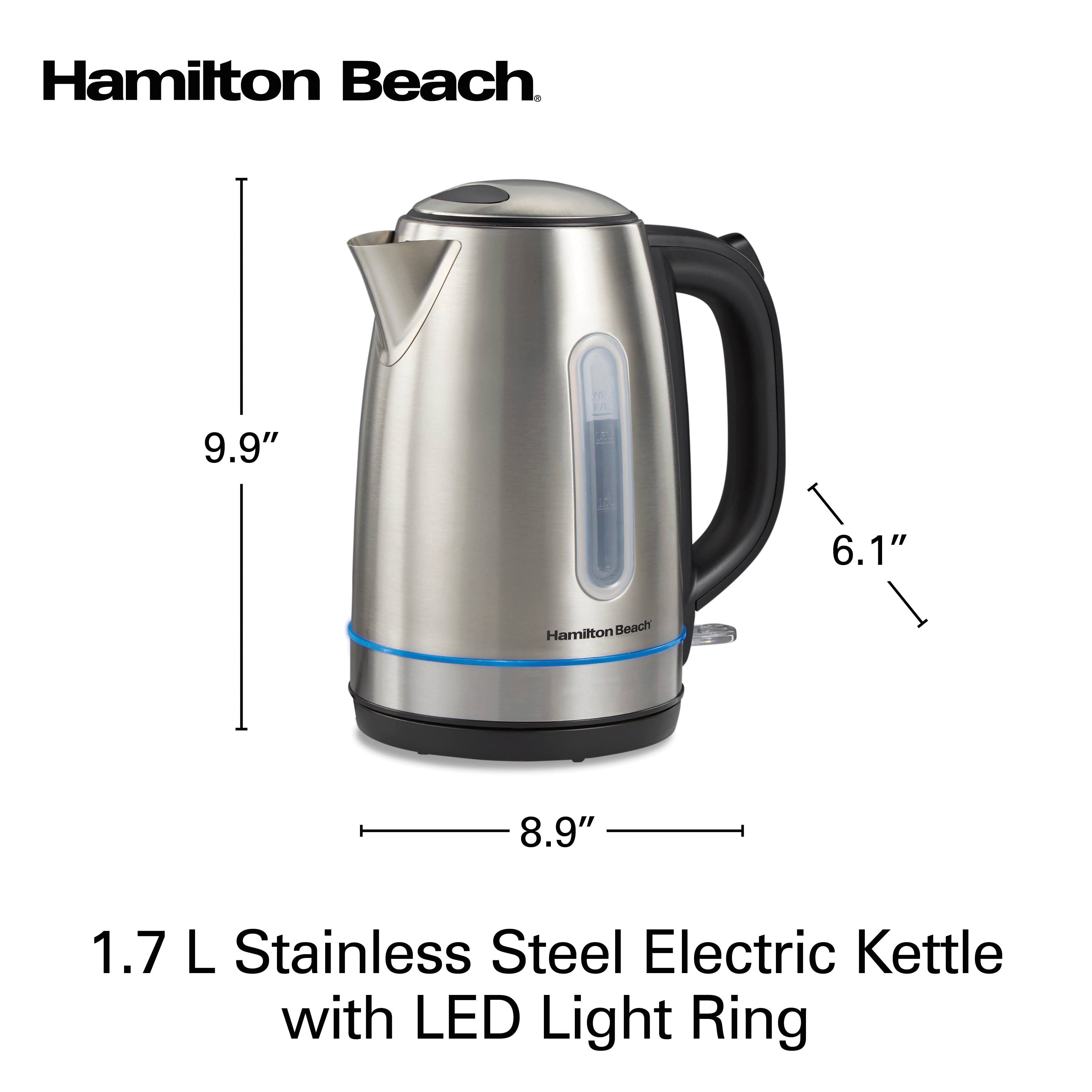Hamilton Beach  
9.9"  
6.1"  
8.9"  
1.7 L Stainless Steel Electric Kettle with LED Light Ring