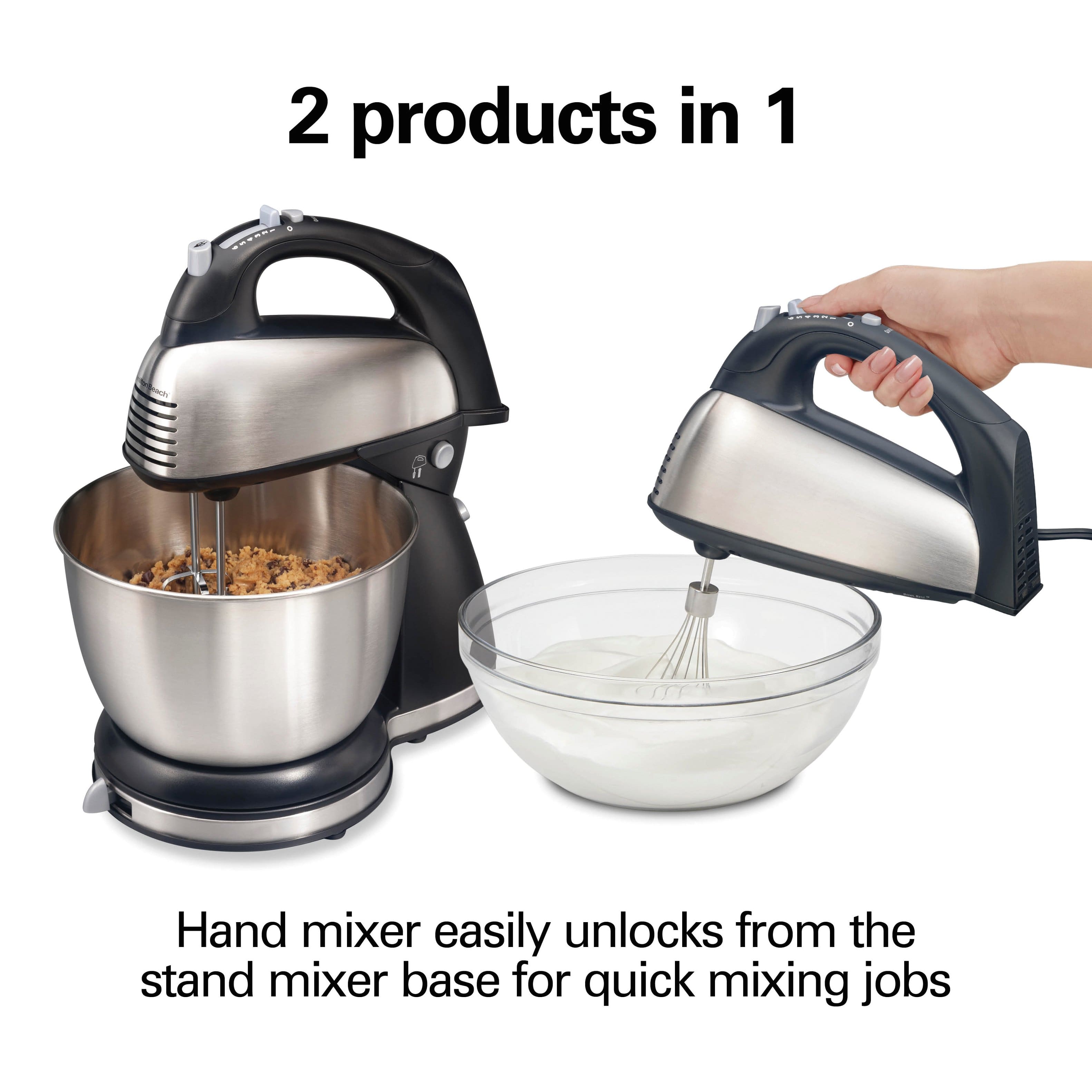 2 products in 1
Hand mixer easily unlocks from the stand mixer base for quick mixing jobs