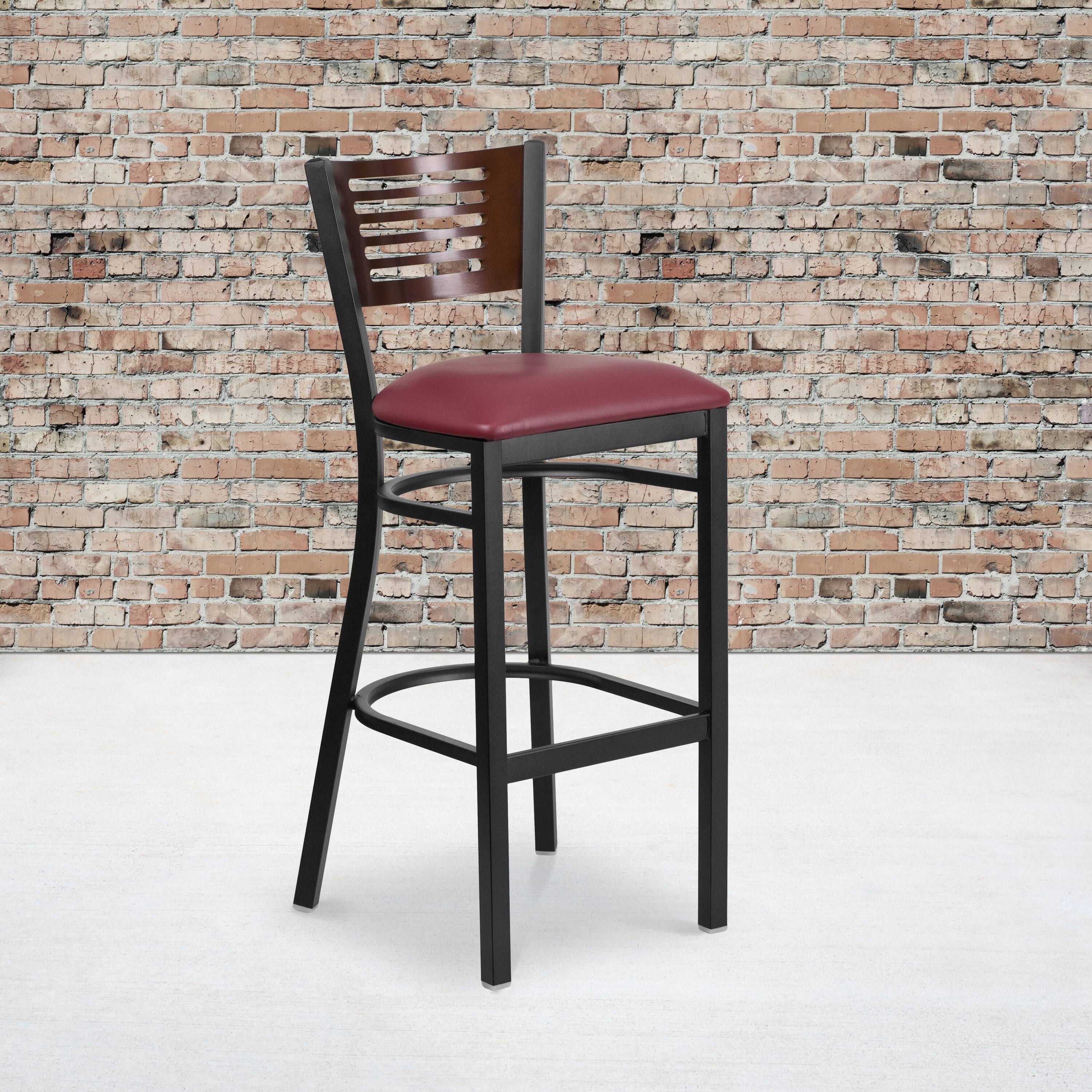 Angle. Flash Furniture - HERCULES Series Black Slat Back Metal Restaurant Barstool - Walnut Wood Back, Burgundy Vinyl Seat - Burgundy.