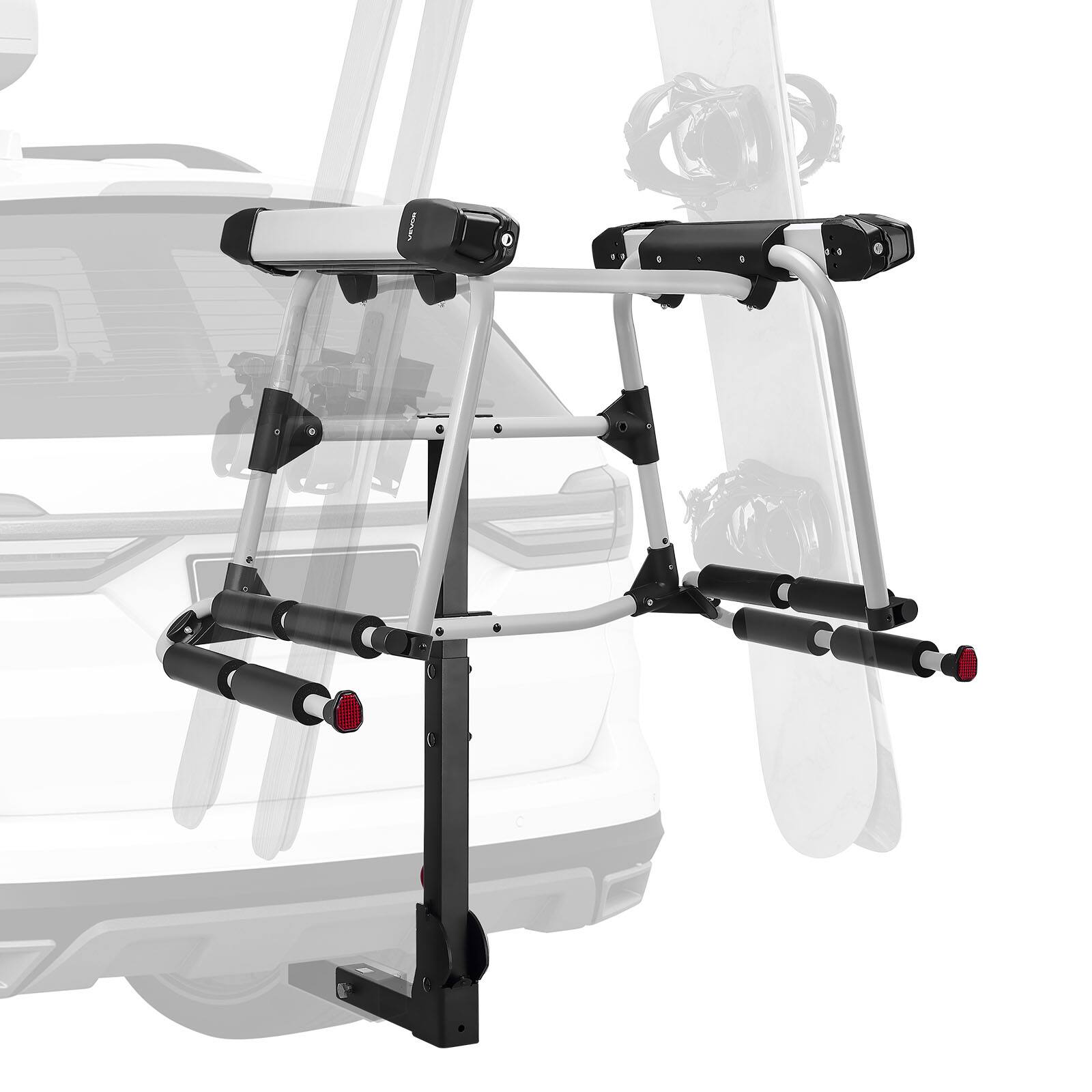 Front. VEVOR - Hitch Mounted Ski & Snowboard Rack, Fits 2-Inch Receiver, Carries up to 6 Pairs of Skis or 4 Snowboards - Black + Silver.