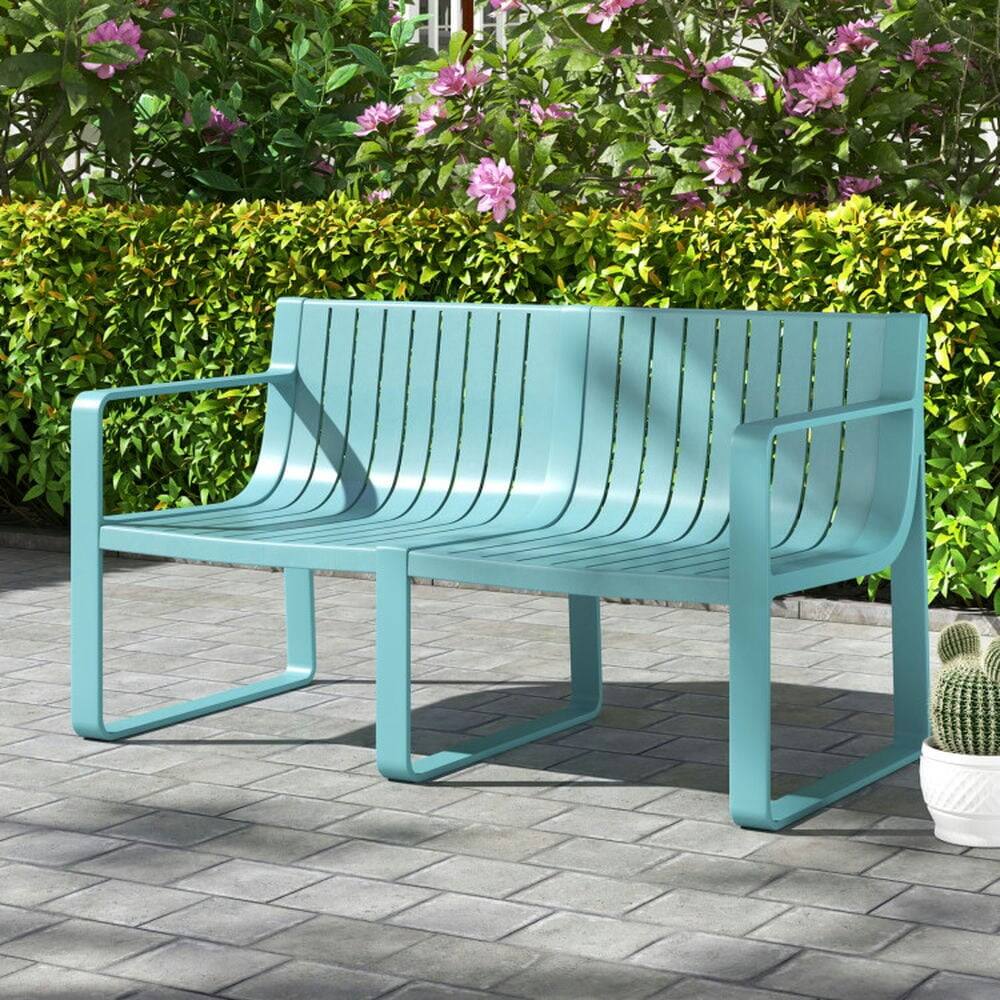 Alt View 6. Pefilos - Weather-resistant Weatherproof Plastic 2-Person Bench with Curved Backrest, Beach & Lawn Chairs for Outdoor, Blue - Blue.