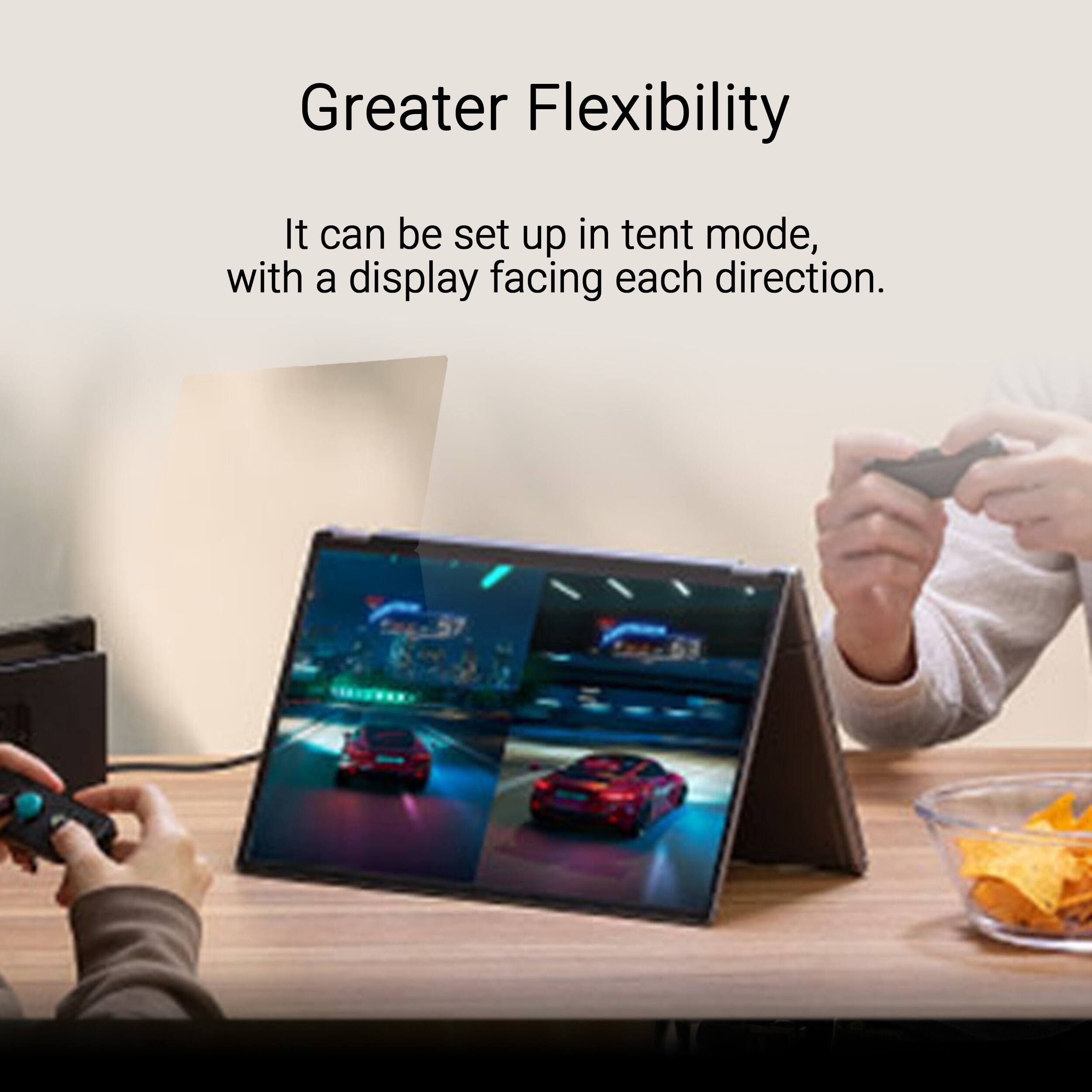 Greater Flexibility

It can be set up in tent mode, with a display facing each direction.