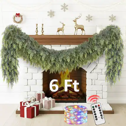 Front. Refined Abode Design - Cedar Christmas Garland Lights Mantle Decorations Realistic Lighted Faux Pine Garlands Xmas Home Decoration - MULTI.
