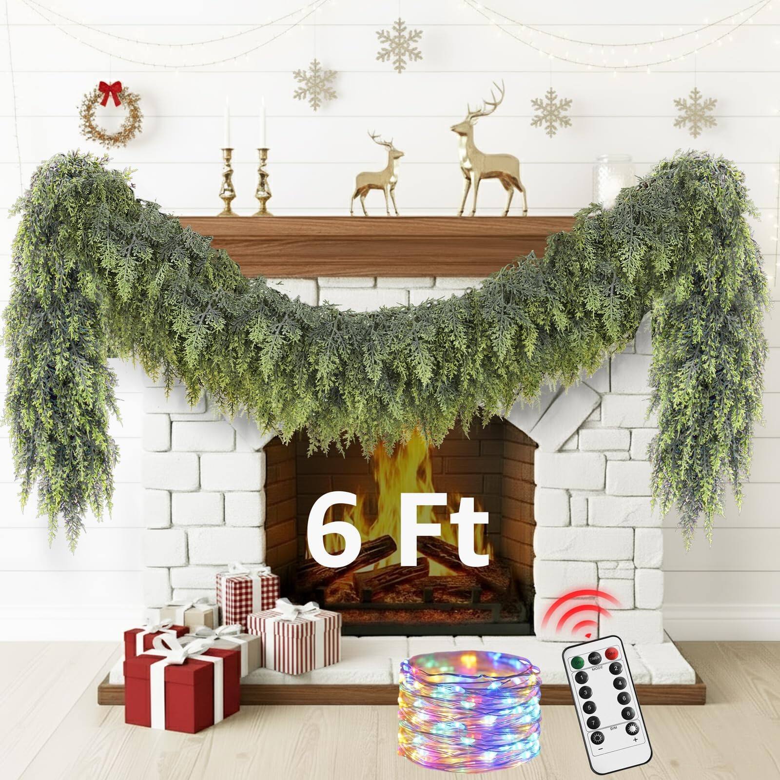 Front. Refined Abode Design - Cedar Christmas Garland Lights Mantle Decorations Realistic Lighted Faux Pine Garlands Xmas Home Decoration - MULTI.