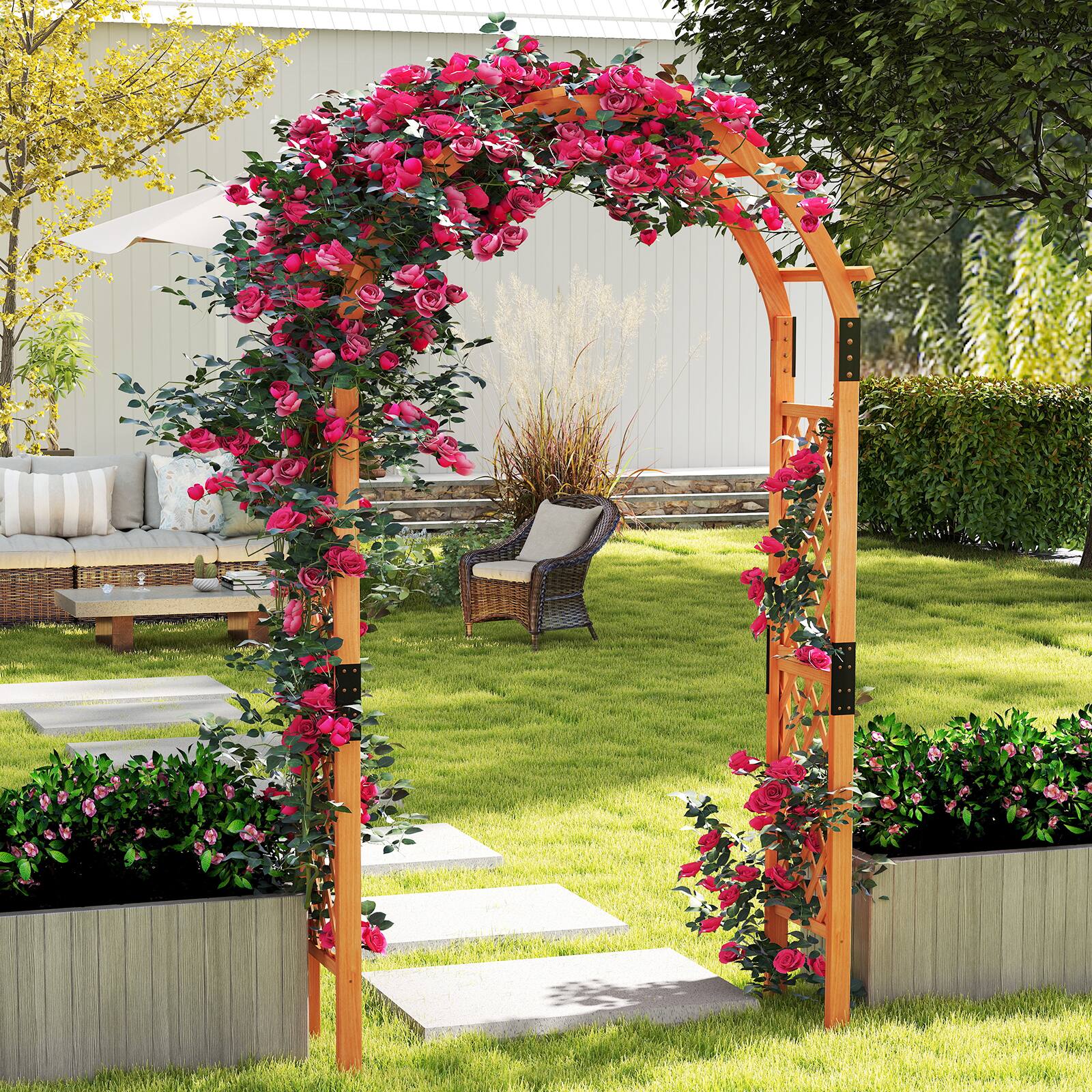 Alt View 1. Gymax - Gymax 7.7 FT Garden Arch Wooden Arbor Outdoor Wood Trellis for Climbing Plants - Orange.
