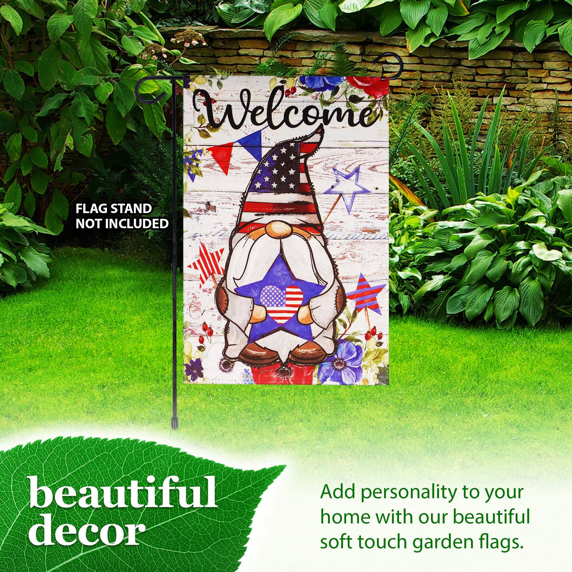 Welcome  
FLAG STAND NOT INCLUDED  

beautiful decor  

Add personality to your home with our beautiful soft touch garden flags.