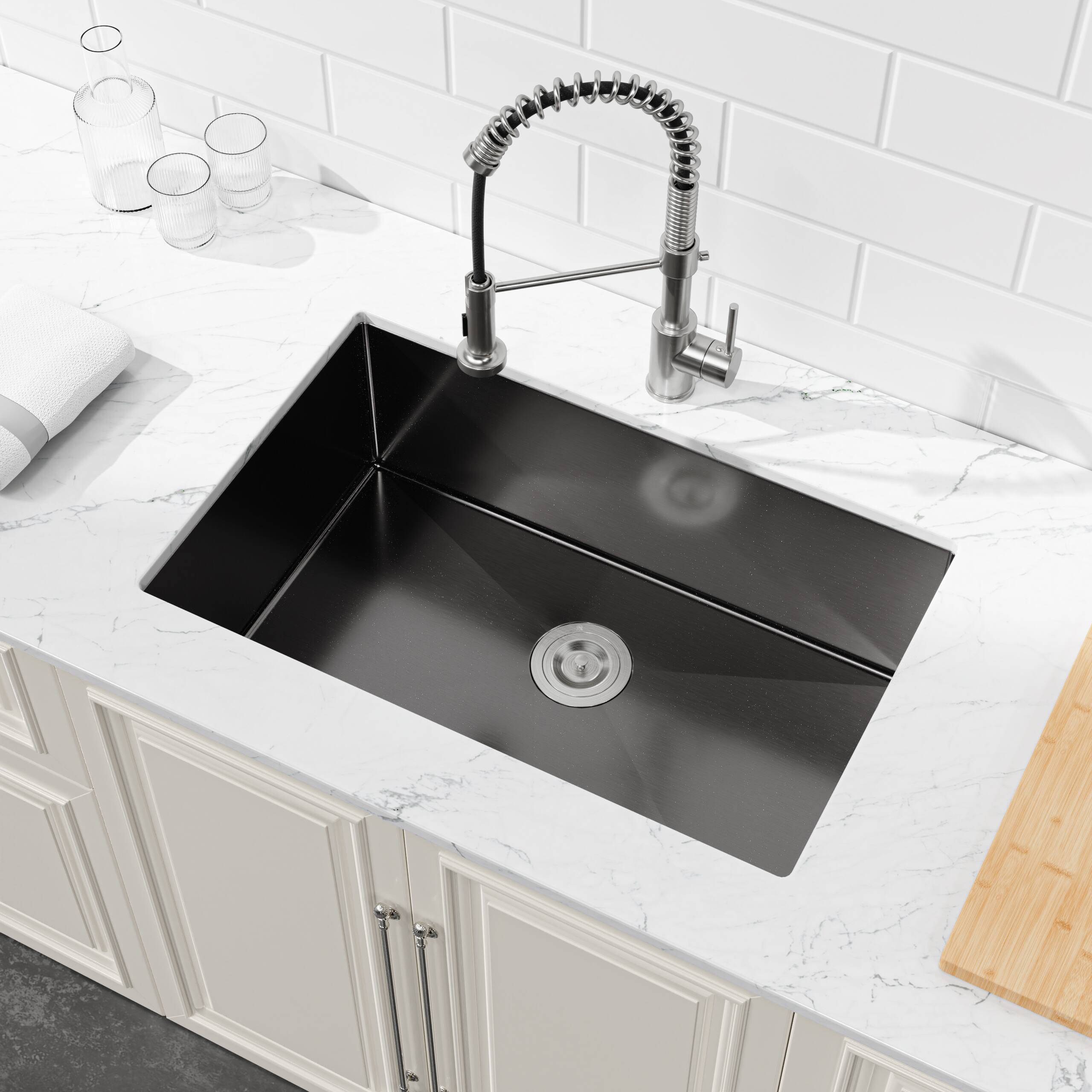 Alt View 6. Siljoy - Stainless Steel Kitchen Sink, 27″x19″ Single Bowl, Undermount Handmade Sink in Black, with US Standard Drain and Hook - Black.