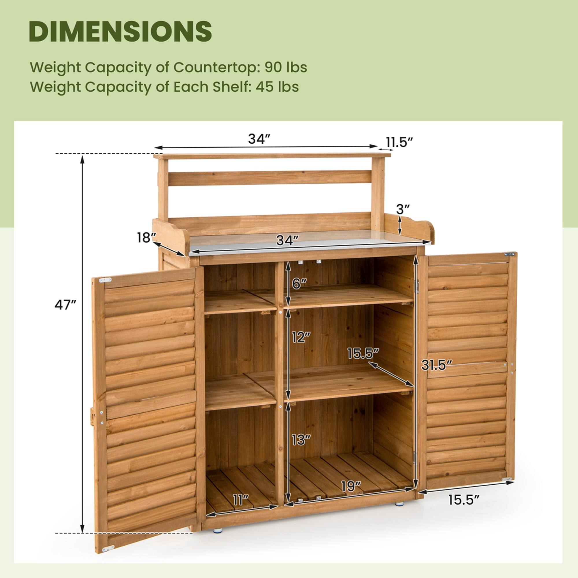 DIMENSIONS  
Weight Capacity of Countertop: 90 lbs  
Weight Capacity of Each Shelf: 45 lbs  

34"  
11.5"  
3"  
18"  
34"  
47"  
6"  
12"  
15.5"  
31.5"  
13"  
11"  
19"  
15.5"