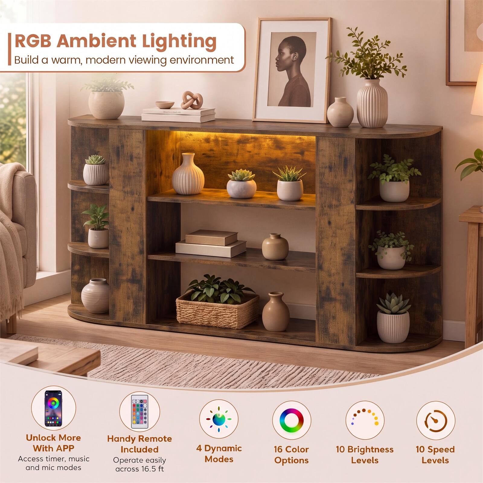 RGB Ambient Lighting  
Build a warm, modern viewing environment

Unlock More With APP  
Access timer, music and mic modes

Handy Remote Included  
Operate easily across 16.5 ft

4 Dynamic Modes  
16 Color Options  
10 Brightness Levels  
10 Speed Levels