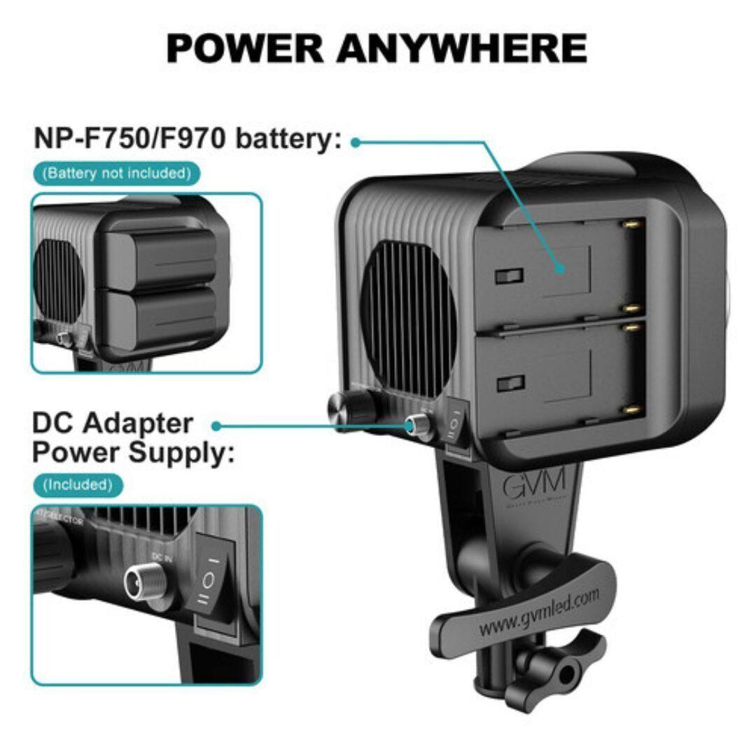 POWER ANYWHERE

NP-F750/F970 battery: (Battery not included)

DC Adapter Power Supply: (Included)

GVM

www.gvmled.com