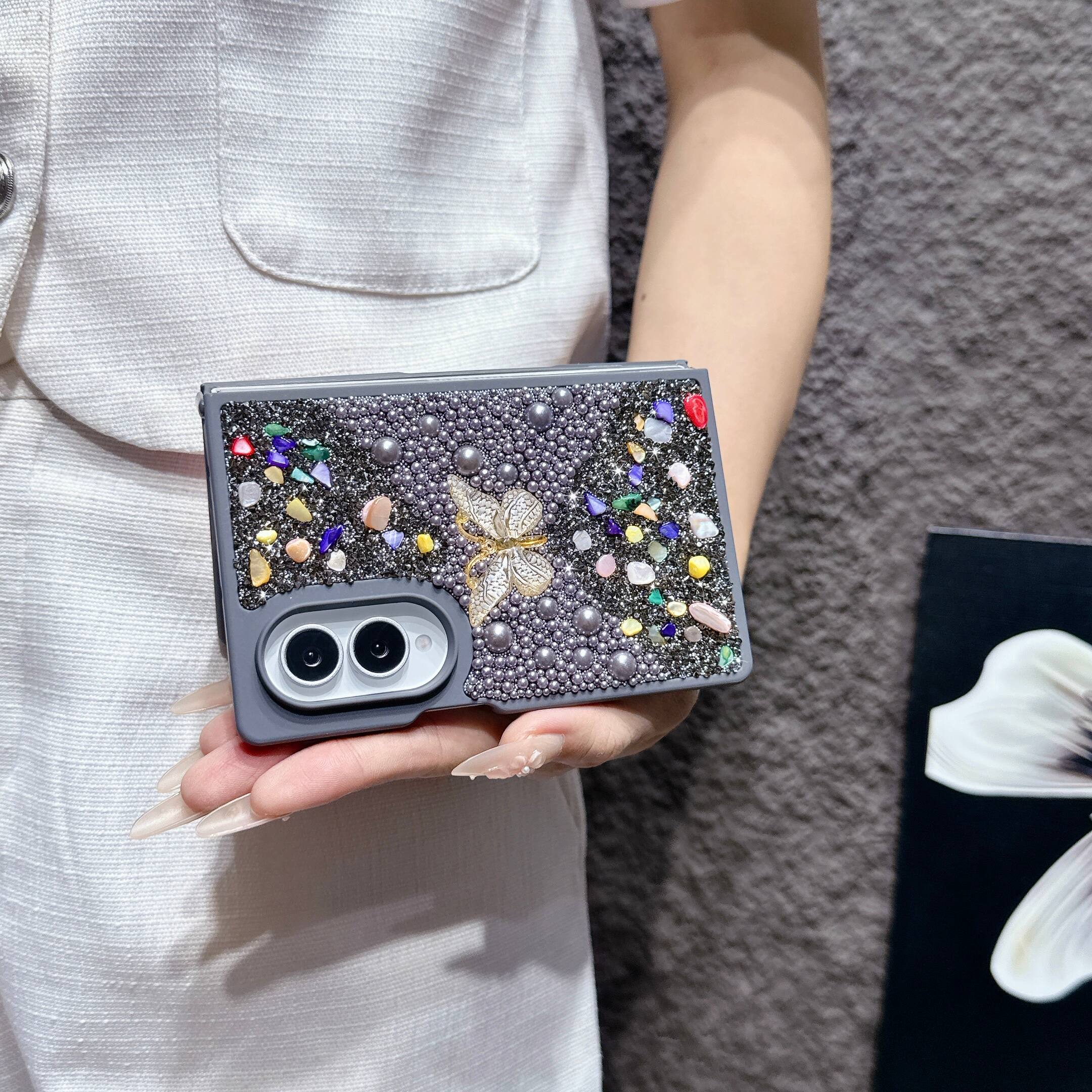 Alt View 1. Dteck - Diamond Case for Samsung Galaxy Z Fold 8, Sparkle Glitter Rhinestone Butterfly Phone Cover with Strap - Gray.