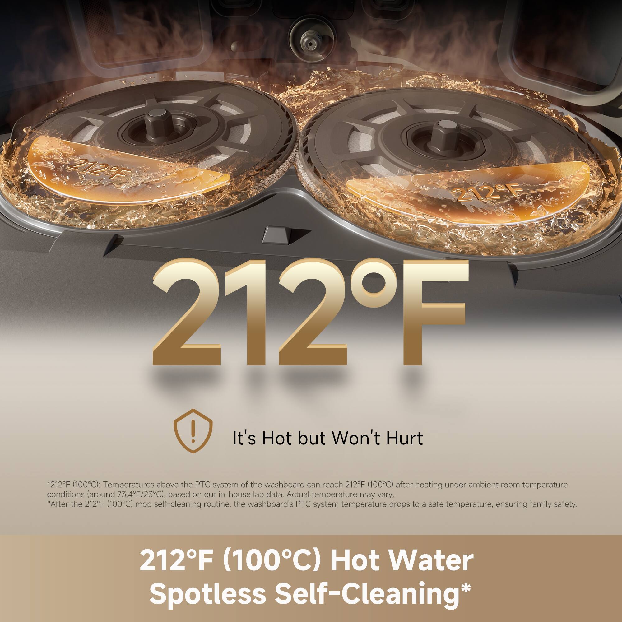 212°F  
It's Hot but Won't Hurt  

212°F (100°C) Temperatures above the PTC system of the washboard can reach 212°F (100°C) after heating under ambient room temperature conditions (around 73.4°F/23°C) based on our in-house lab data. Actual temperature may vary. After the 212°F (100°C) mop self-cleaning routine, the washboard's PTC system temperature drops to a safe temperature, ensuring family safety.  

212°F (100°C) Hot Water Spotless Self-Cleaning*  

*212°F (100°C): Temperatures above the PTC system of the washboard can reach 212°F (100°C) after heating under ambient room temperature conditions (around 73.4°F/23°C), based on our in-house lab data. Actual temperature may vary.  
*After the 212°F (100°C) mop self-cleaning routine, the washboard's PTC system temperature drops to a safe temperature, ensuring family safety.