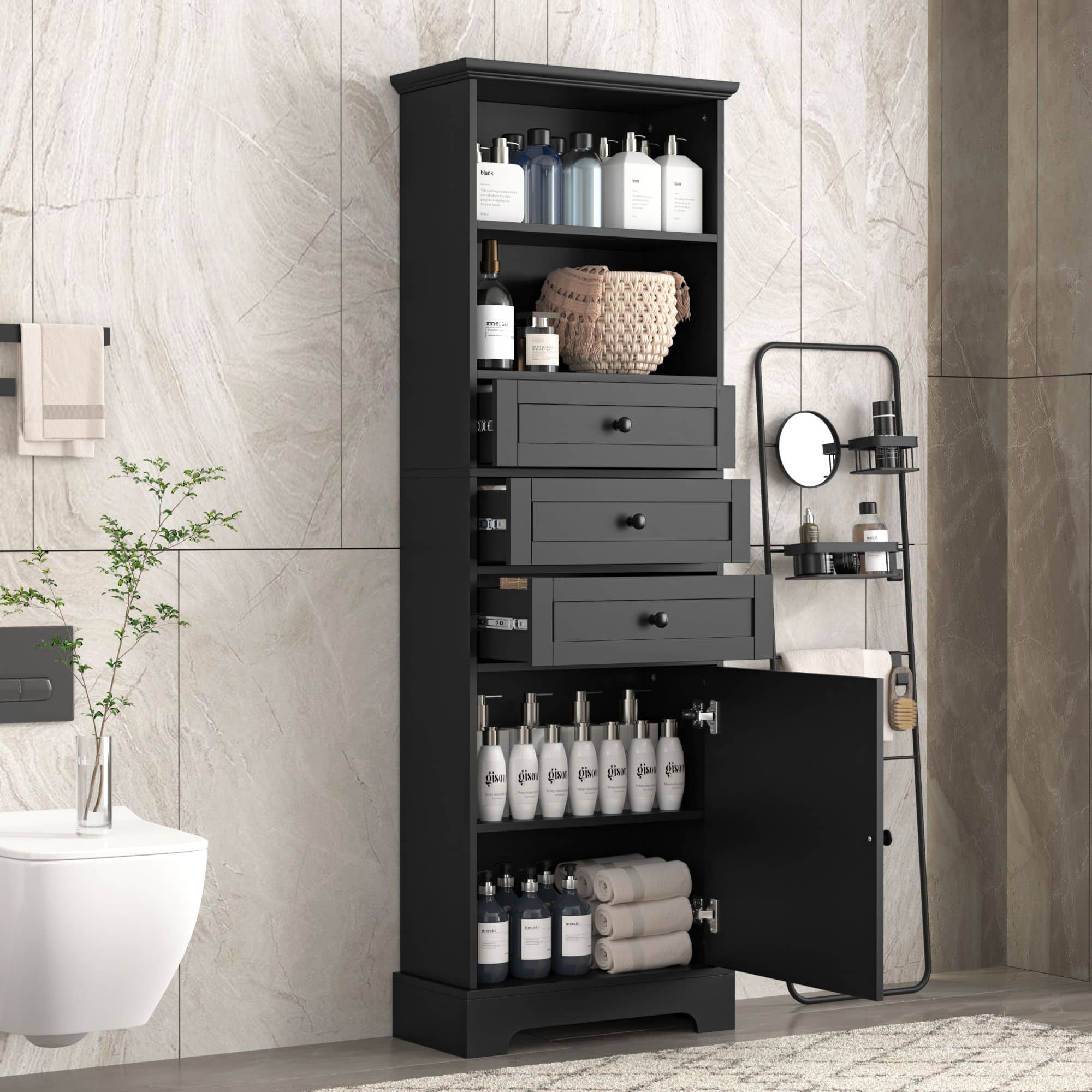 Mirfee - White Tall Storage Cabinet with 3 Drawers, Adjustable Shelves, MDF, for Bathroom Office - Black
