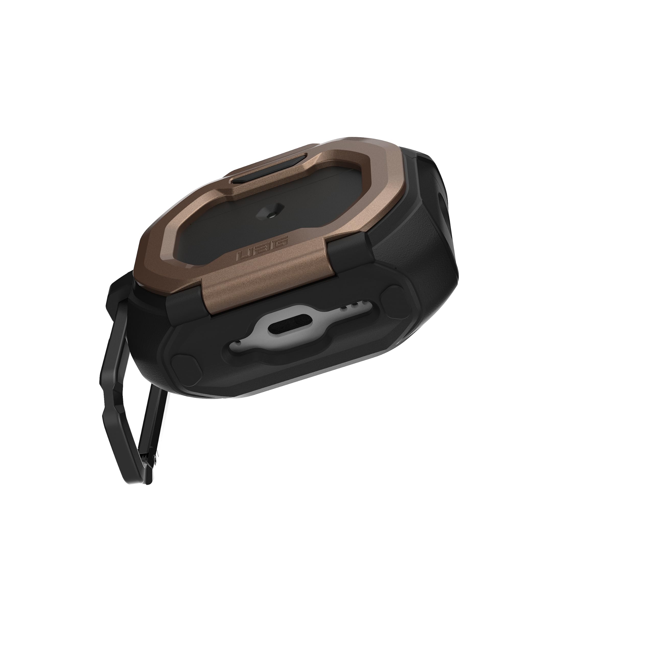 Alt View 6. UAG - AirPods Pro 3rd Gen Case w/ Built-in Phone Stand & Detachable Carabiner Clip, Rugged Protective Cover, Monarch - Black/Aged Bronze.