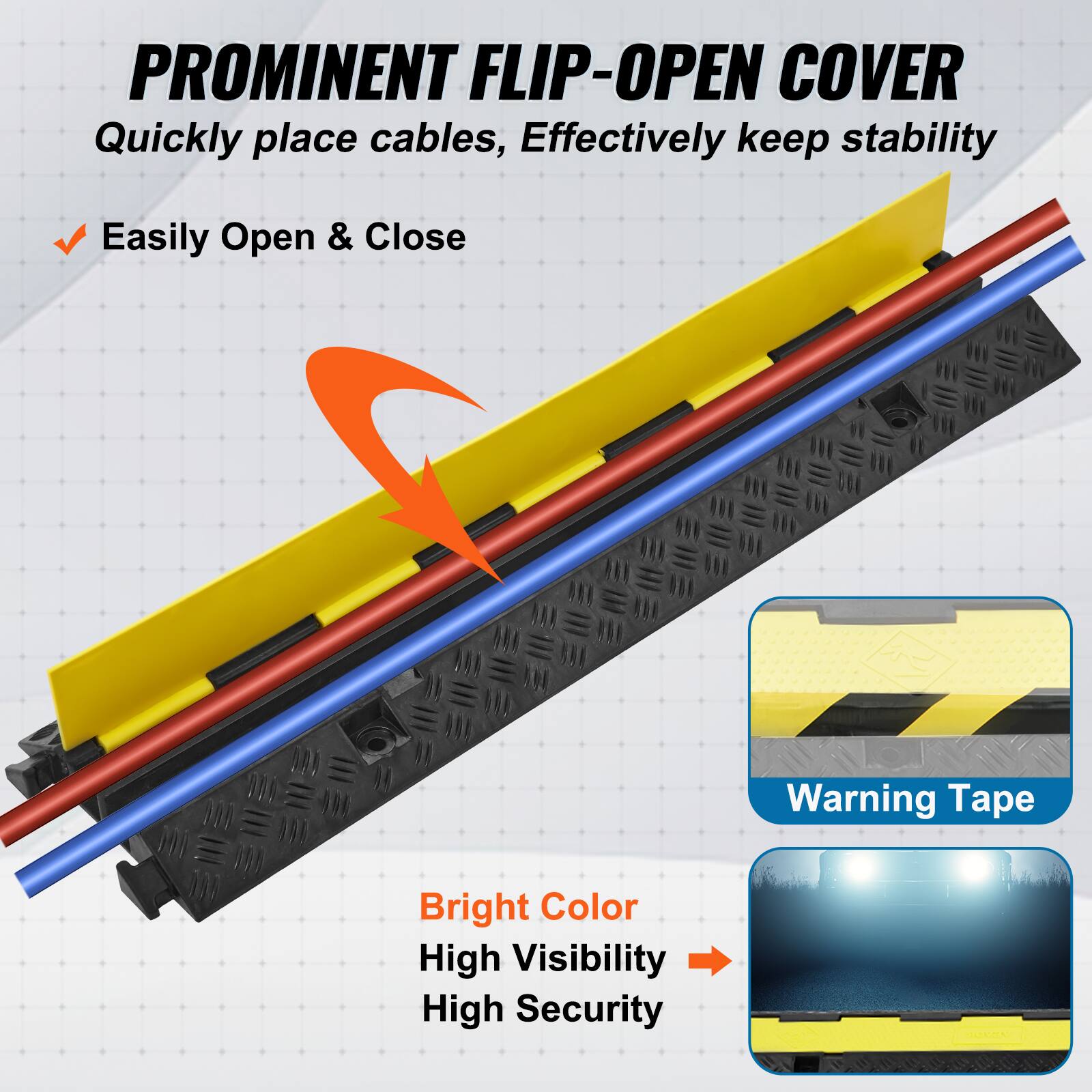 PROMINENT FLIP-OPEN COVER Quickly place cables, Effectively keep stability Easily Open & Close Warning Tape Bright Color High Visibility High Security