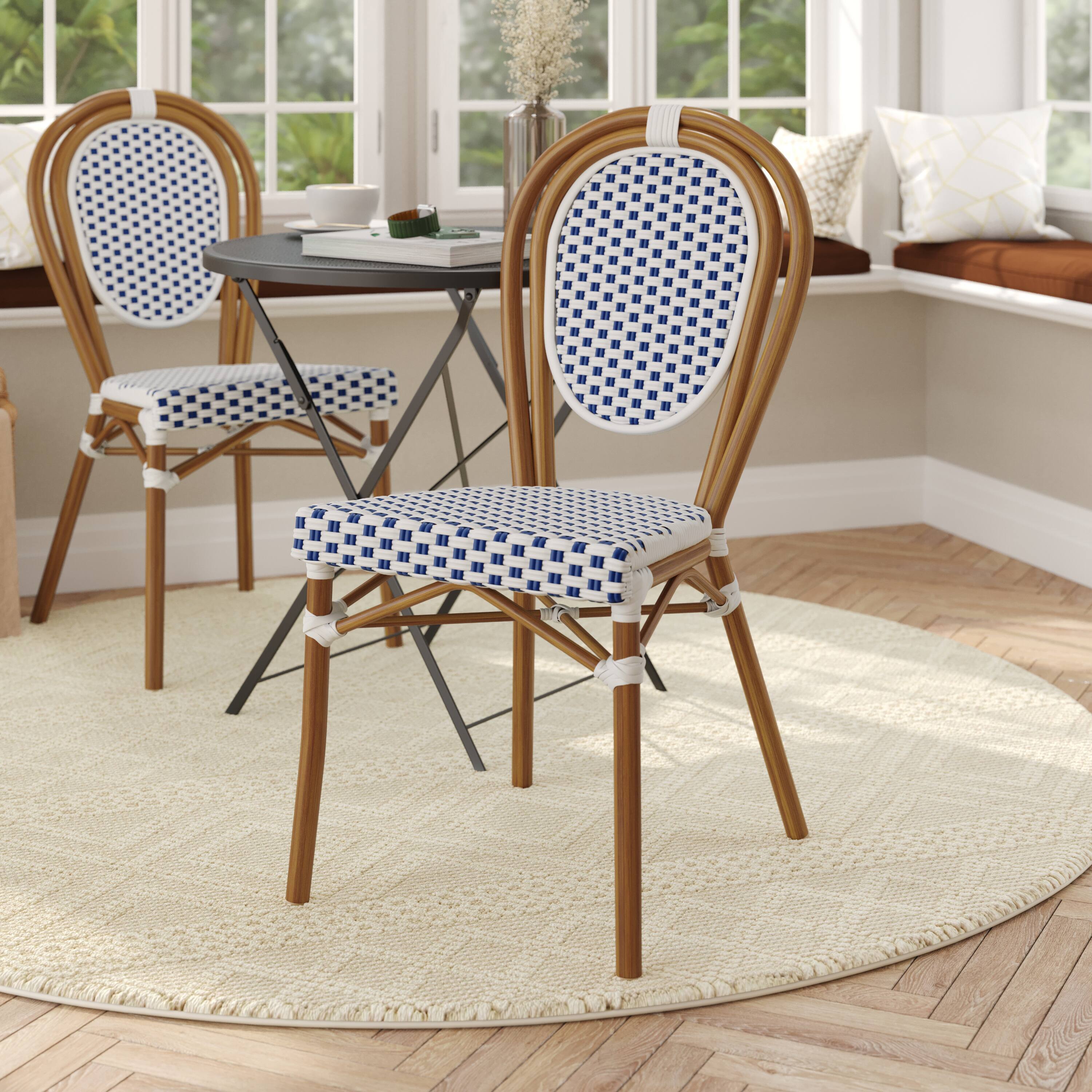 Alt View 1. Flash Furniture - Lourdes Indoor/Outdoor Commercial Thonet Bistro Stacking Chair, White and Navy PE Rattan and Bamboo Print Aluminum Frame - Blue.