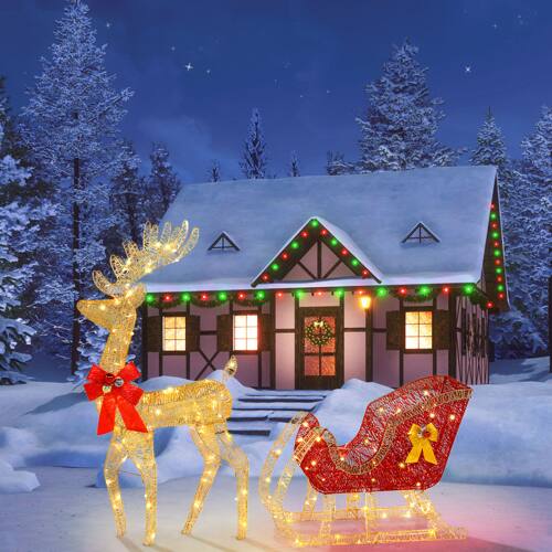 Alt View 5. Winado - Christmas 4FT Reindeer & Sleigh Set with LED Lights for Christmas Indoor Outdoor Garden Holiday Party Decorations - Golden.