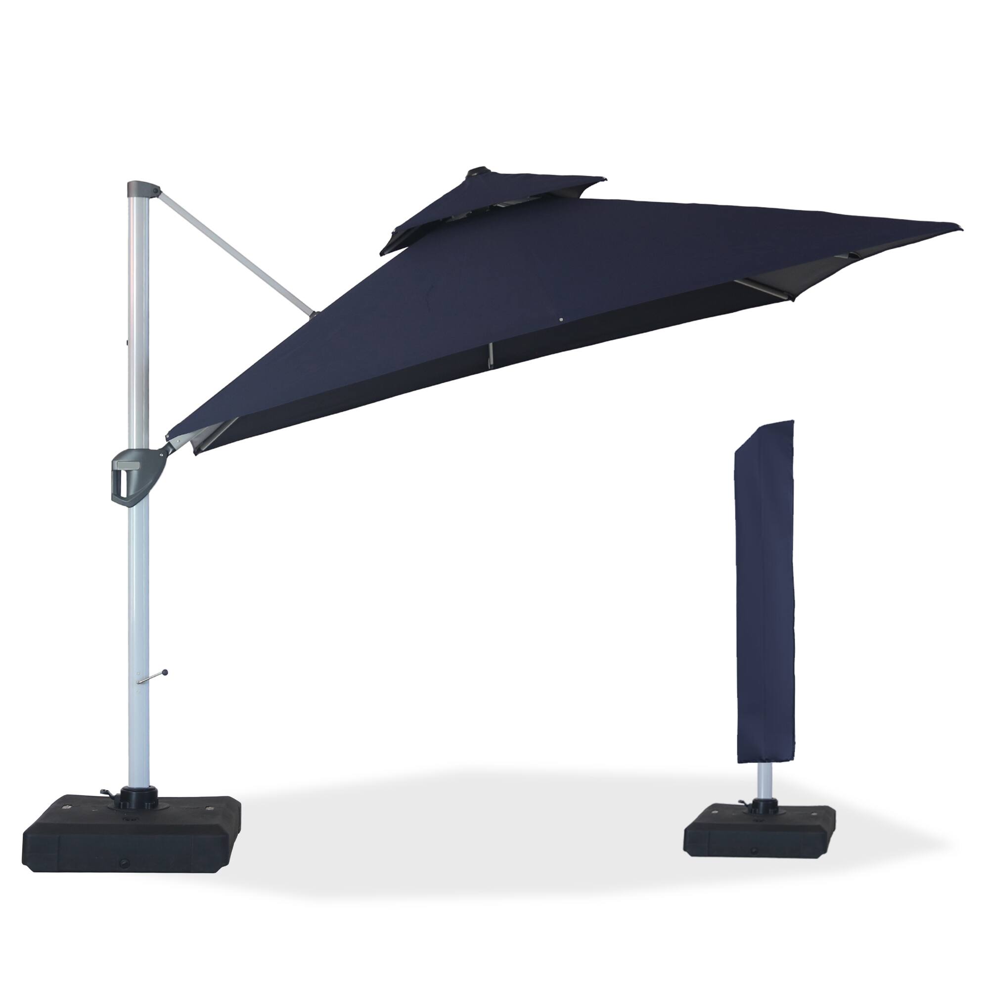 Angle. Mondawe - 10ft. Square Aluminum 360°Cantilever Patio Umbrella with Base - Navy Blue.