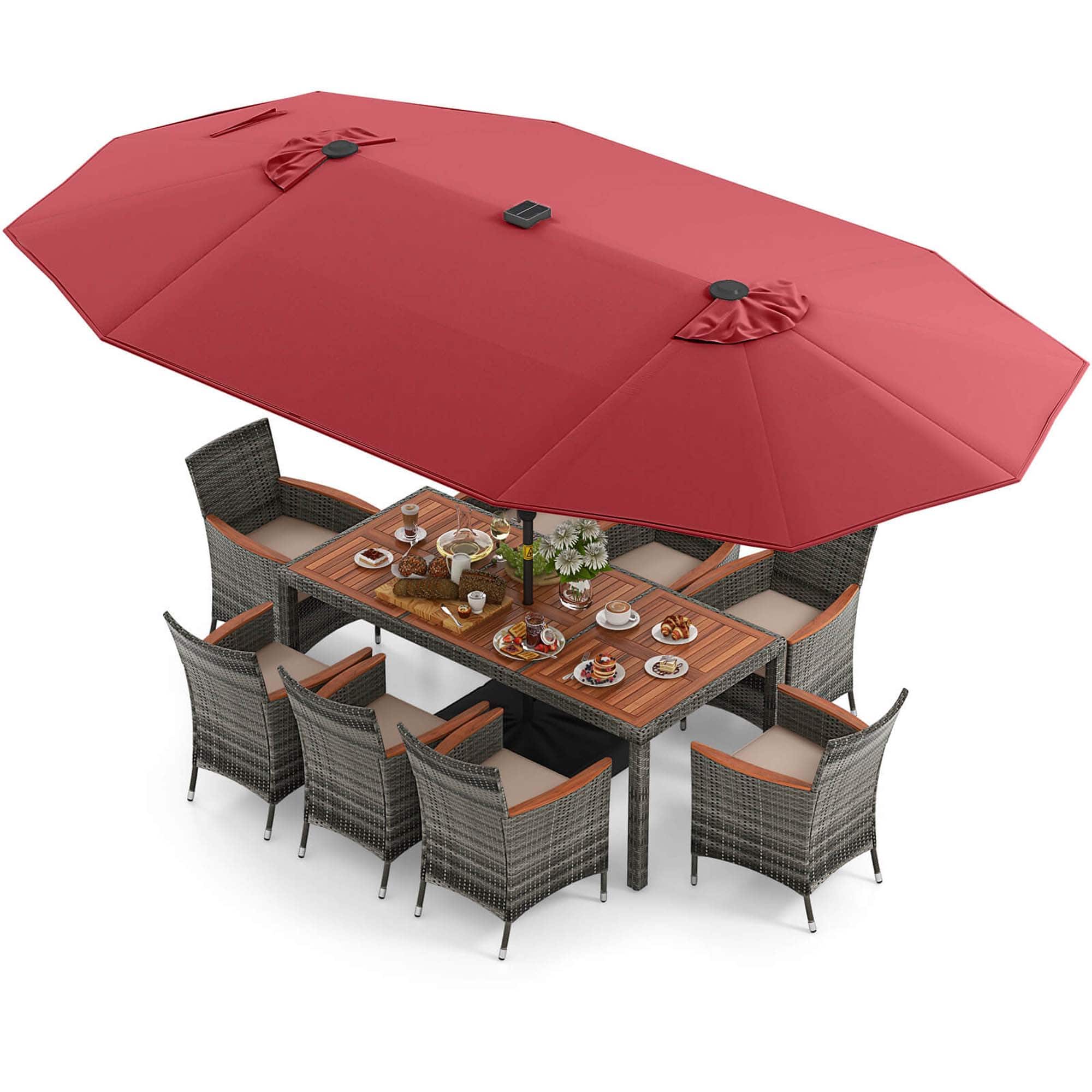 Front. Costway - 11 PCS Patio Dining Set with 15 ft Double-Sided Patio Umbrella 8 Armchairs - Mix Gray,Beige,Wine.