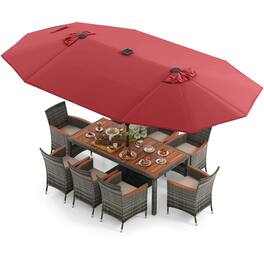 Costway - 11 PCS Patio Dining Set with 15 ft Double-Sided Patio Umbrella 8 Armchairs - Mix Gray,Beige,Wine