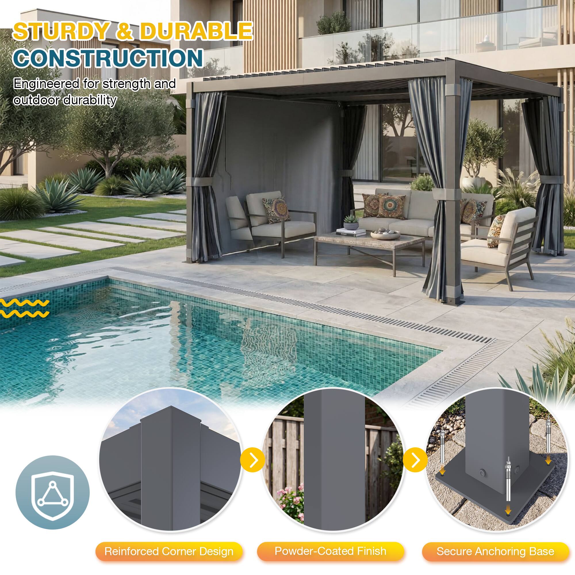 STURDY & DURABLE CONSTRUCTION  
Engineered for strength and outdoor durability  

- Reinforced Corner Design  
- Powder-Coated Finish  
- Secure Anchoring Base