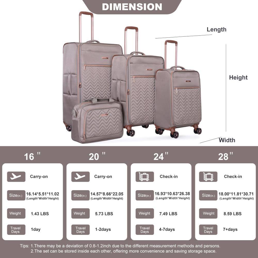 **DIMENSION**

- **16" Carry-on**
  - Size (in): 16.14" x 5.51" x 11.02"
  - Weight: 1.43 LBS
  - Travel Days: 1 day

- **20" Carry-on**
  - Size (in): 14.57" x 8.66" x 22.05"
  - Weight: 5.73 LBS
  - Travel Days: 1-2 days

- **24" Check-in**
  - Size (in): 16.93" x 10.63" x 26.38"
  - Weight: 7.49 LBS
  - Travel Days: 4-7 days

- **28" Check-in**
  - Size (in): 18.00" x 11.81" x 30.71"
  - Weight: 8.59 LBS
  - Travel Days: 7+ days

**Tips:**
1. There may be a deviation of 0.8-