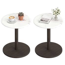 Costway - 2 PCS Round Marble Side Table with Stone Finish & Wooden Base for Living Room - White + Black