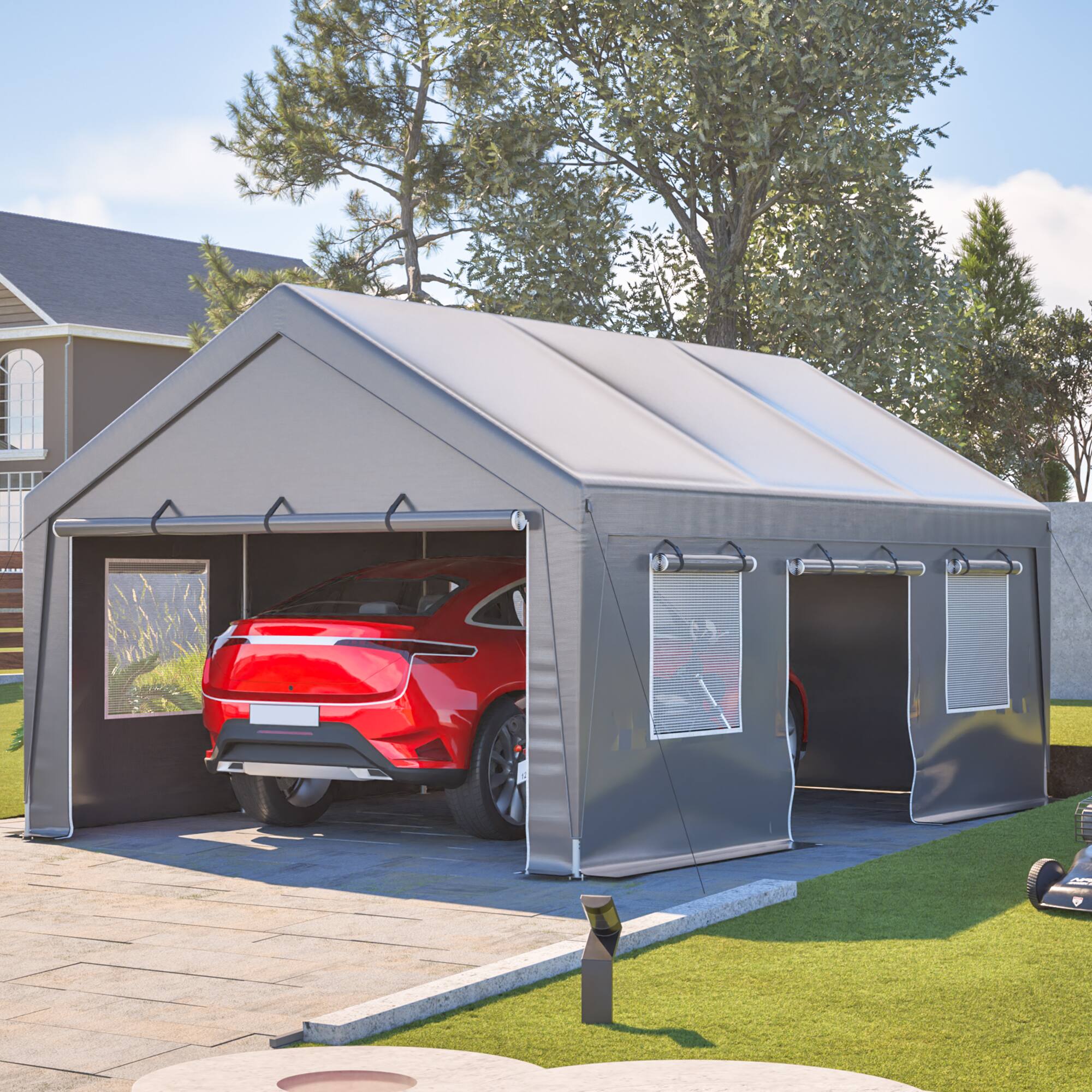 Left. Mondawe - 13x20 FT Car Canopy Garage with 2 Roll-Up Doors and Roll-up Mesh Windows - Silver.