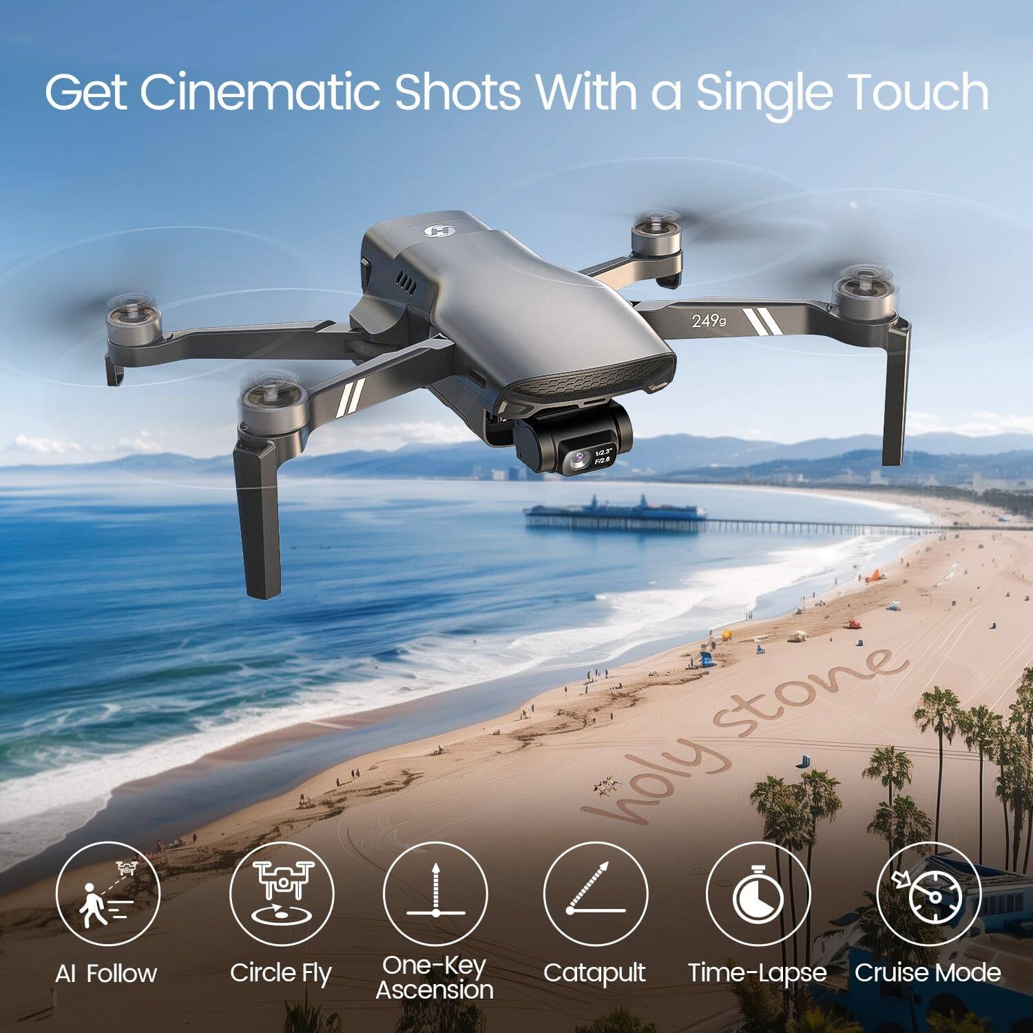 Get Cinematic Shots With a Single Touch

249g

10.5 RF

AI Follow

Circle Fly

One-Key Ascension

Catapult

Time-Lapse

Cruise Mode