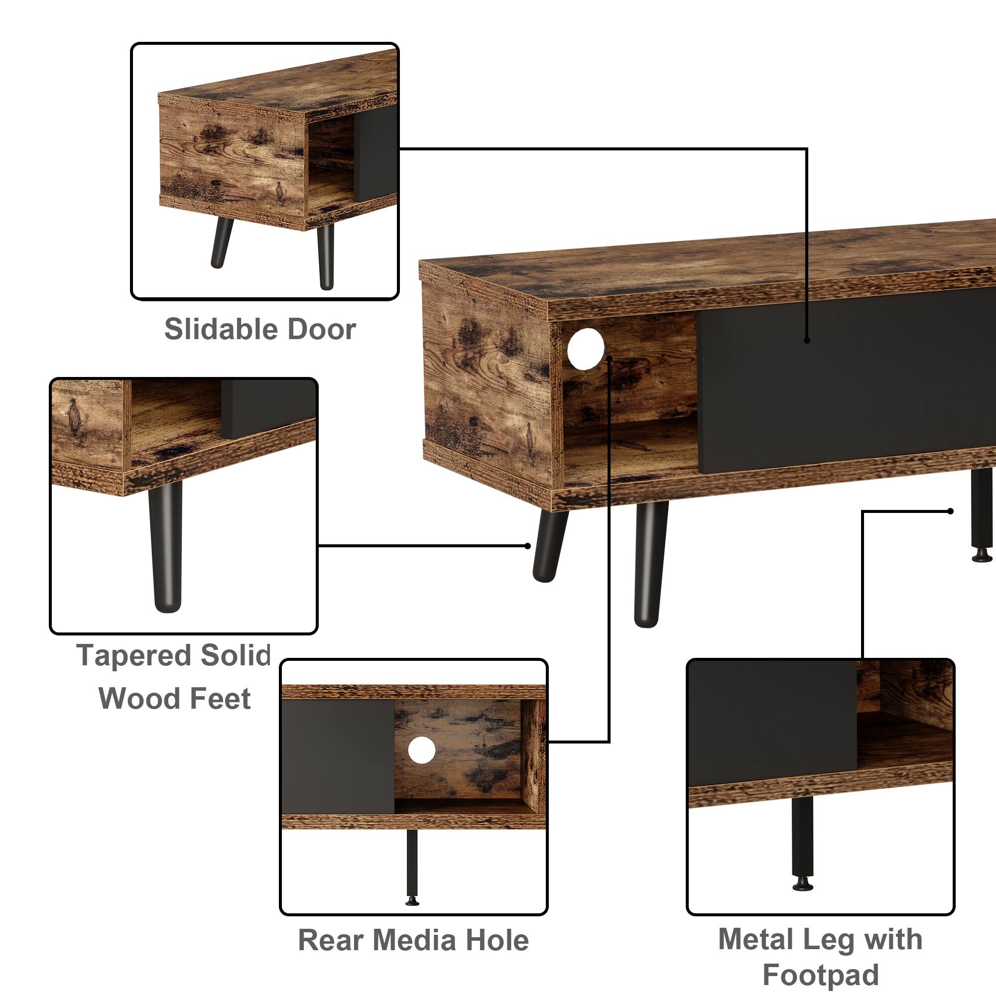 The image shows a wooden dresser with a slidable door and tapered solid wood feet. The dresser also has a rear media hole and metal legs with footpads.