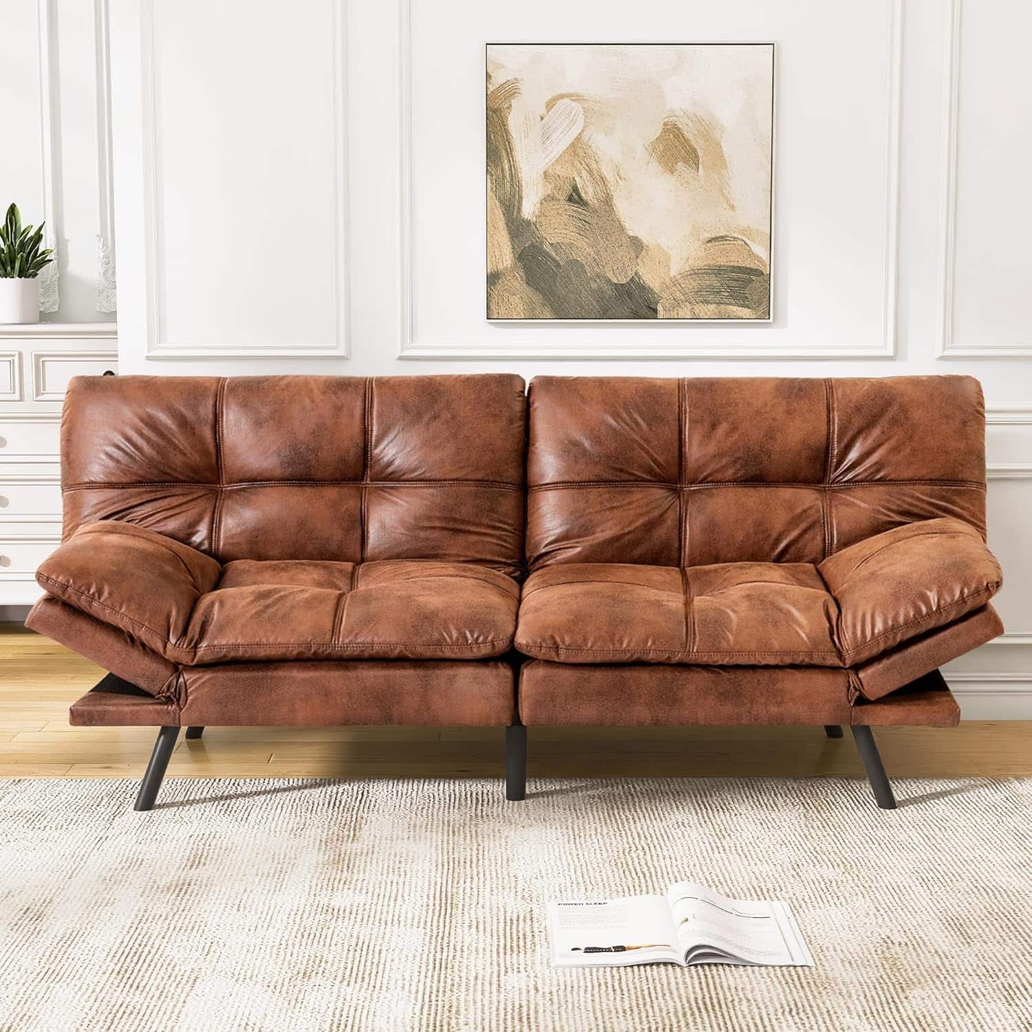 Vipbear - Faux Leather Sofa Bed, Adjustable Backrest & Armrests, Multifunctional Small Loveseat Sleeper Sofa - Brown