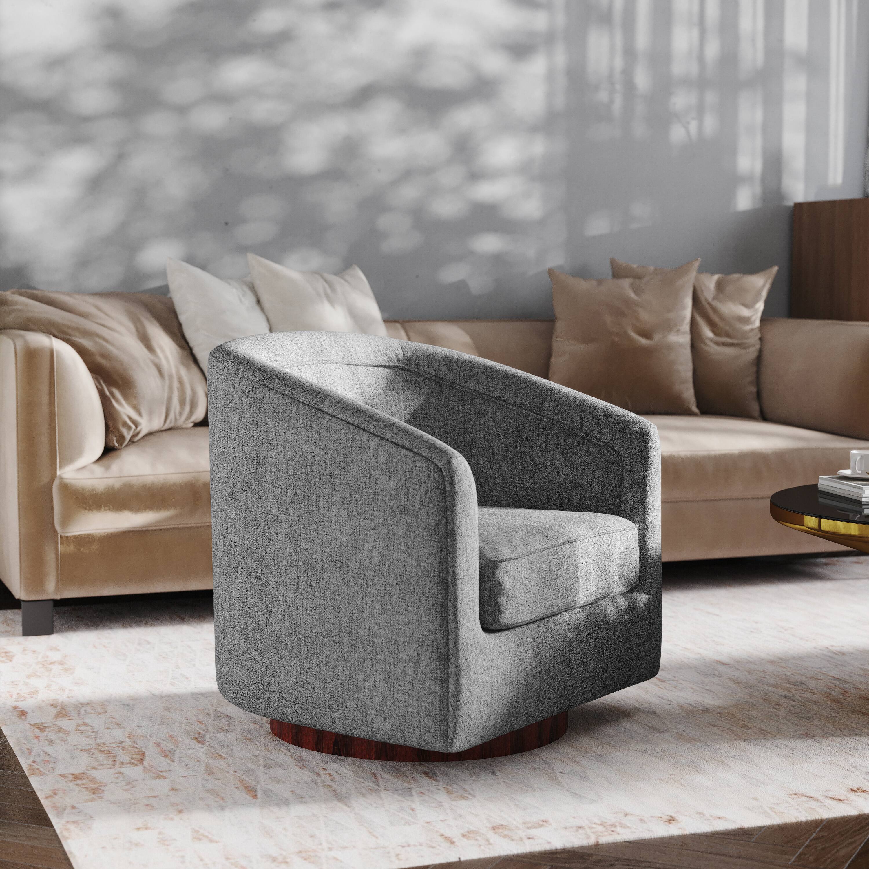Alt View 1. Emma + Oliver - Della Club Style Barrel Accent Chair with 360 Degree Swivel Brushed Gold Vinyl Wrapped Base and Sloped Armrests - Gray.
